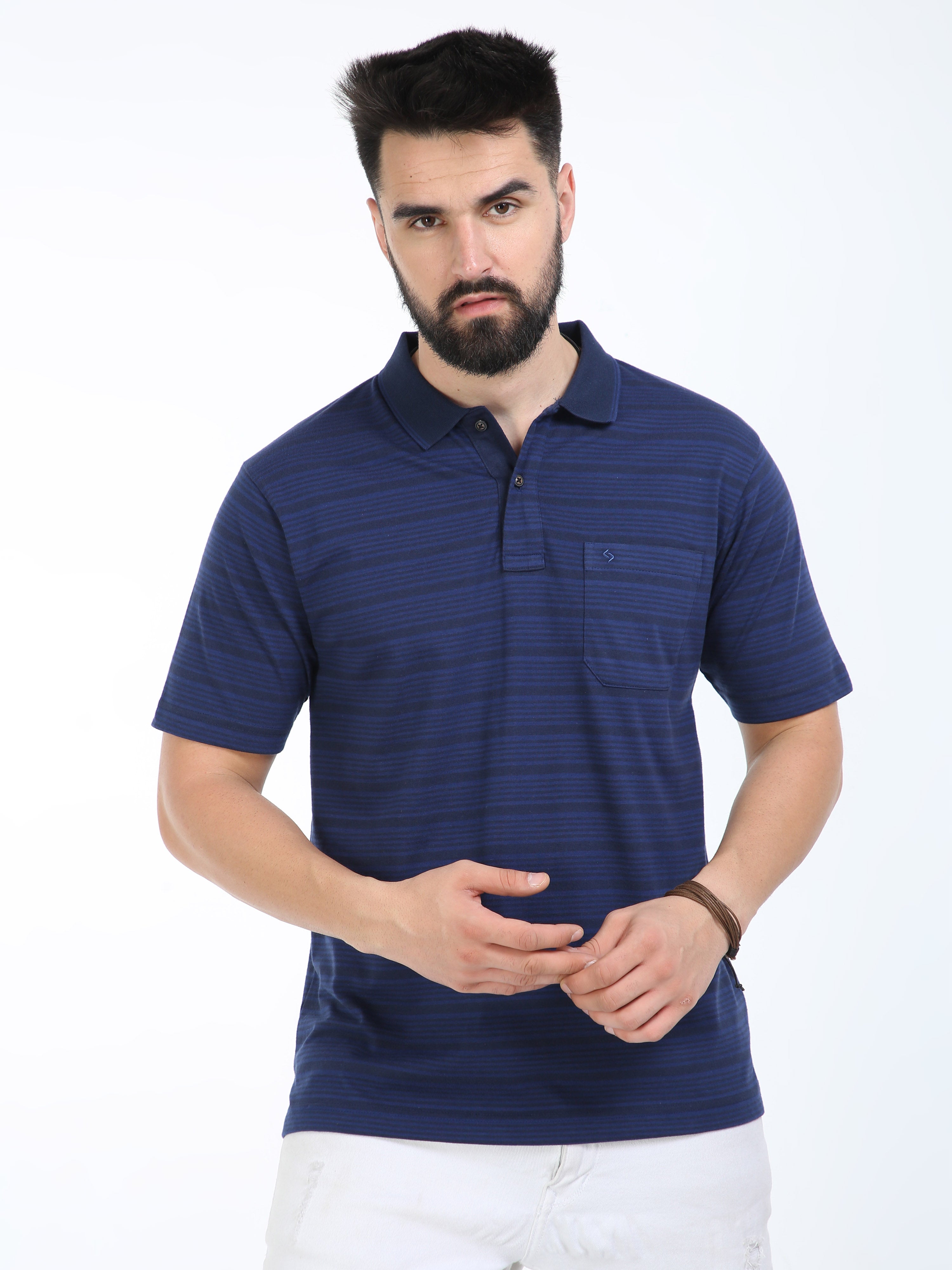 Classic Polo Mens Cotton Half Sleeves Striped Authentic Fit Polo Neck Navy Color T-Shirt | Feeders-240 A Af P
