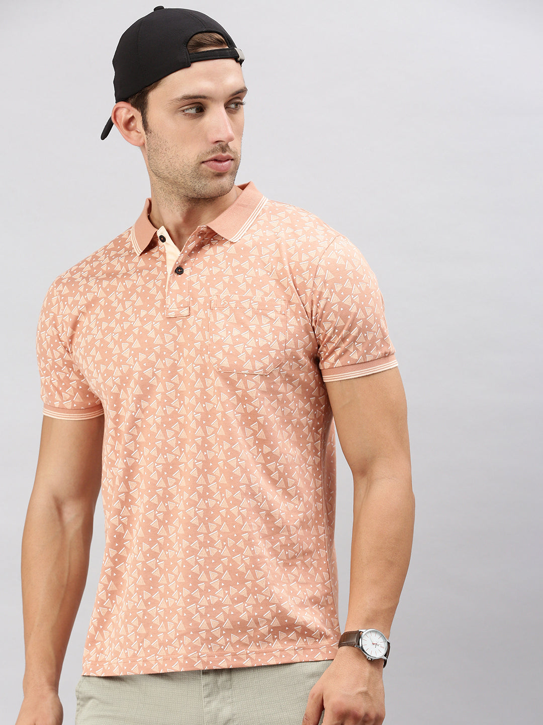 Classic Polo Men's Printed Peach Cotton Slim Fit Half Sleeve T-Shirt | BELLO - 293 A SF P