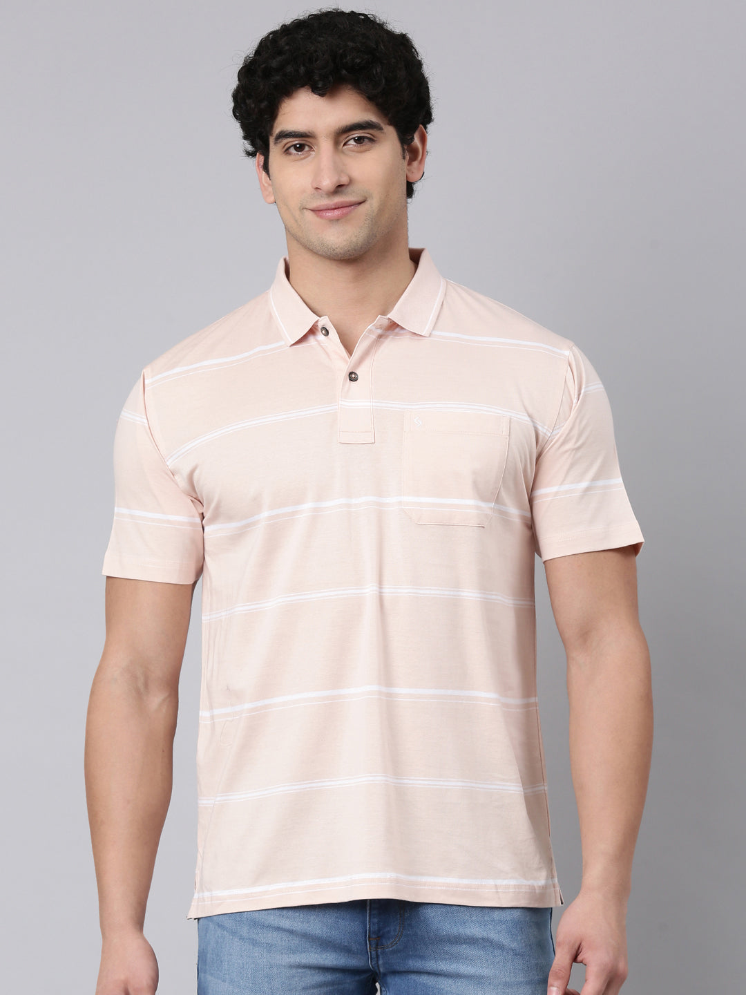 Classic Polo Men's Half Sleeve Light Peach Polo Neck Authentic Fit Striped Cotton T-Shirt | AP - 156 B AF P