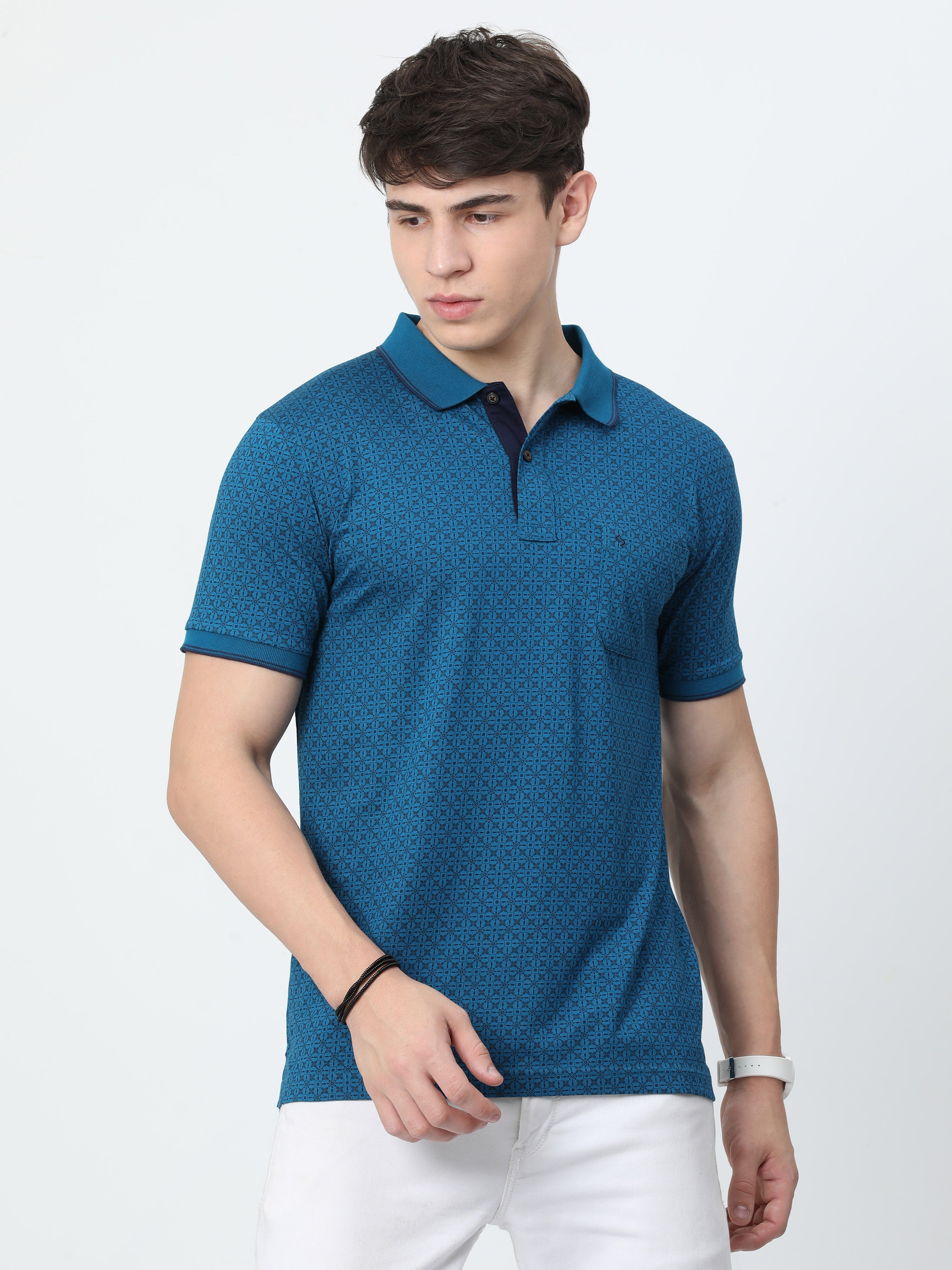 Classic Polo Mens Cotton Half Sleeves Floral Slim Fit Polo Neck Blue Color T-Shirt | Bello - 219 B Sf P
