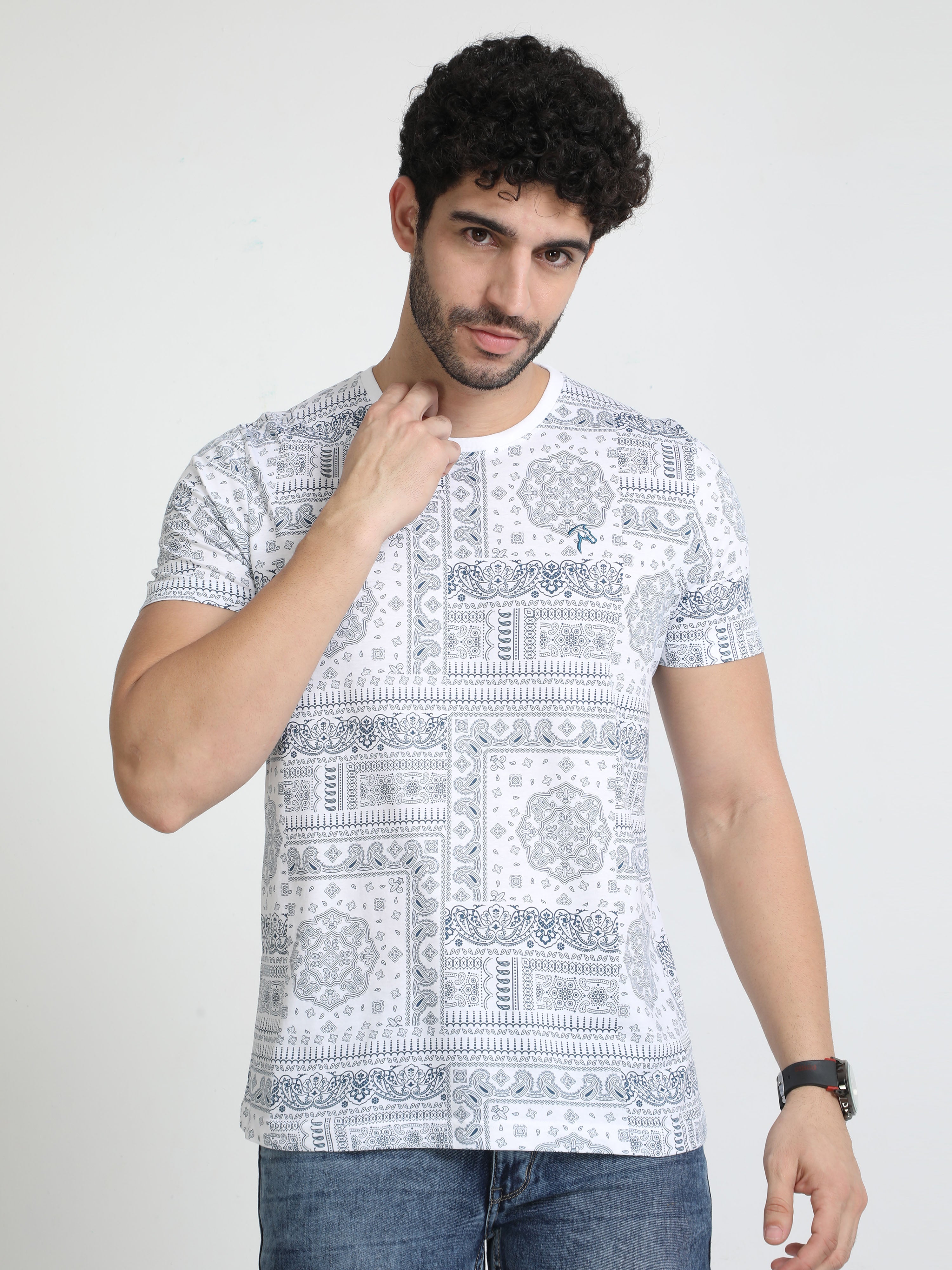 Classic Polo Mens Cotton Half Sleeves Floral Slim Fit Crew Neck White Color T-Shirt | Brcn - 554 A Sf C