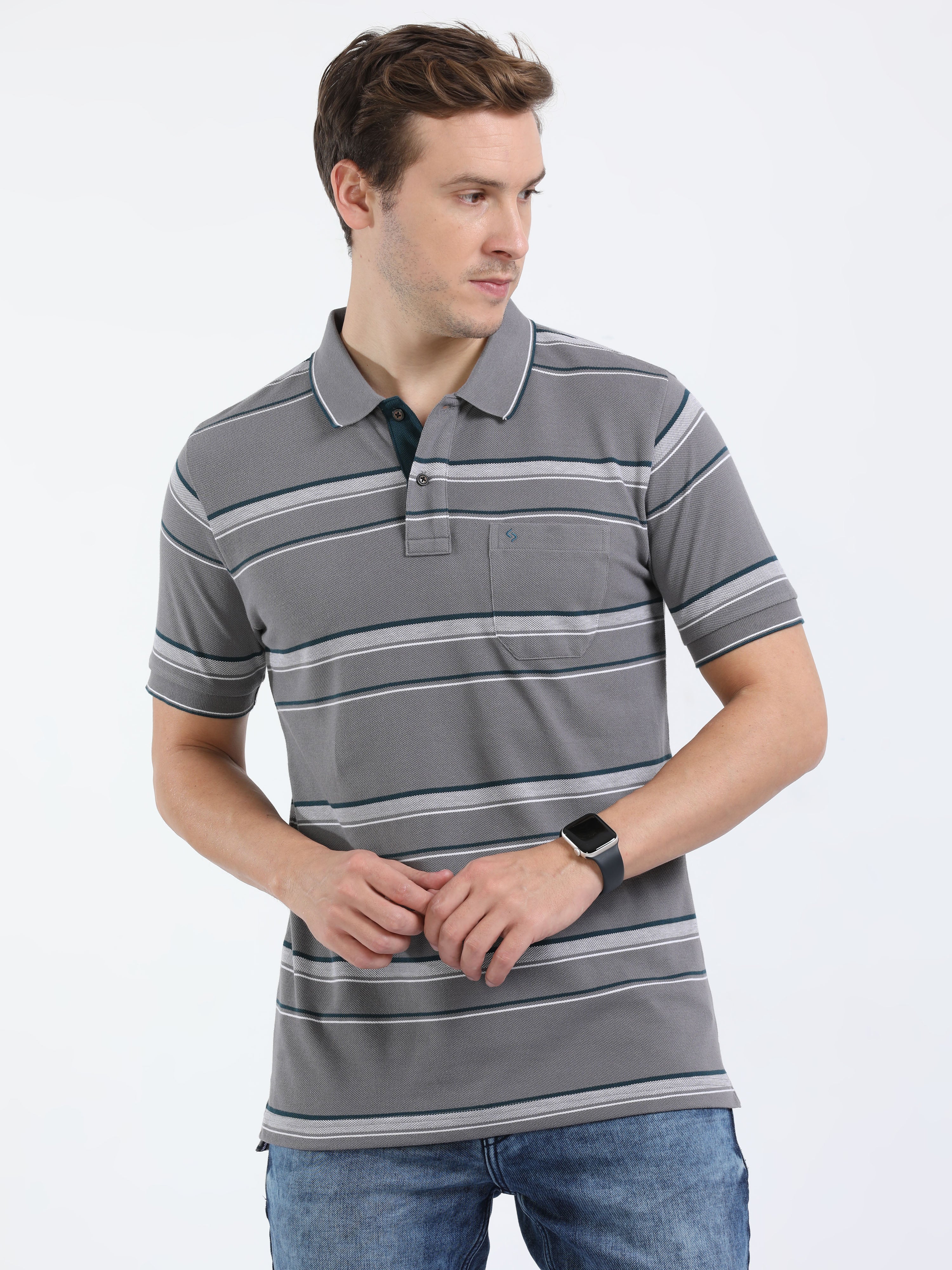 Classic Polo Mens Cotton Half Sleeves Striped Slim Fit Polo Neck Grey Color T-Shirt | Adore - 207 A Sf P