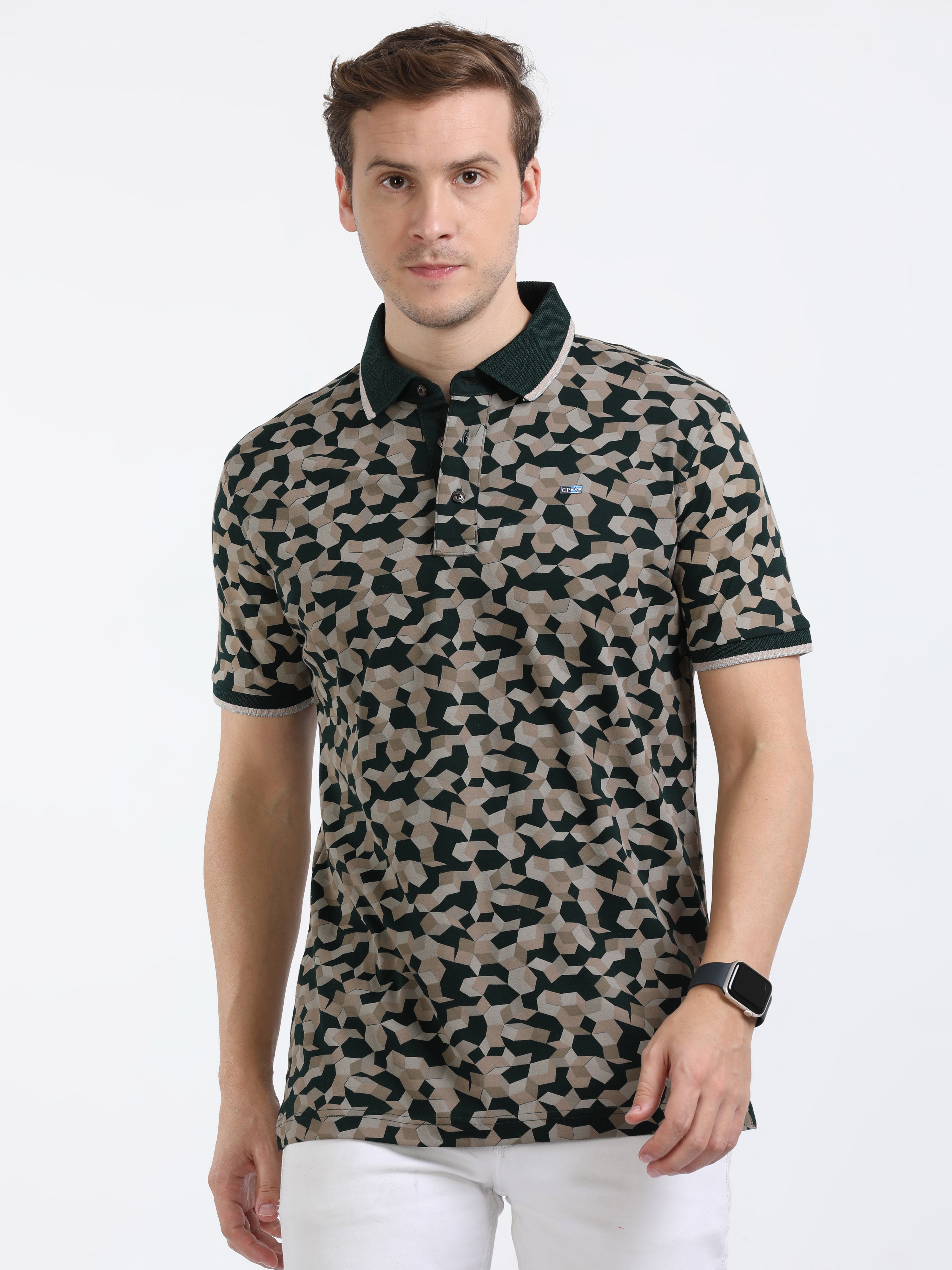 Classic Polo Mens Cotton Half Sleeves Floral Slim Fit Polo Neck Dark Green Color T-Shirt | Prm - 790 B Sf P