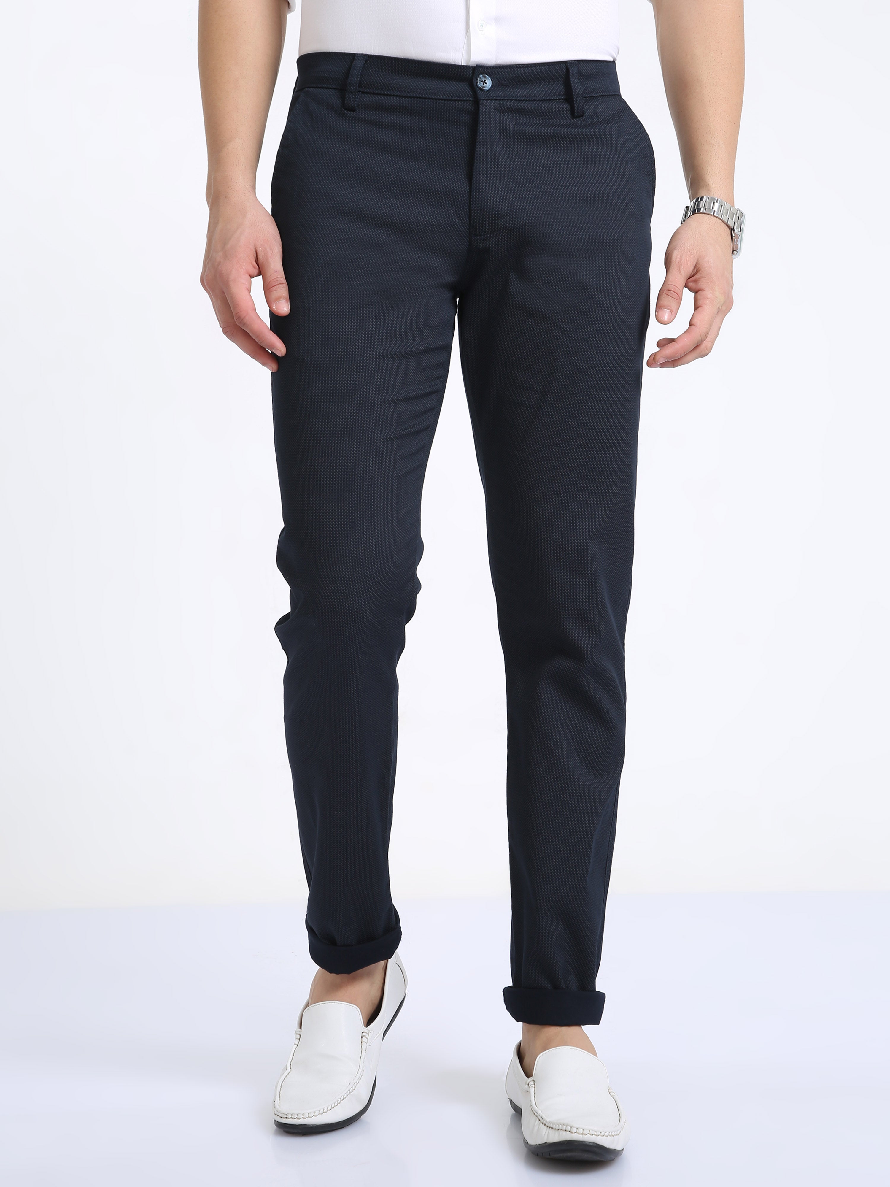 Classic Polo Mens Moderate Fit Dotted Navy Color Trousers | To2-01 B-Nvy-Mf-Ly