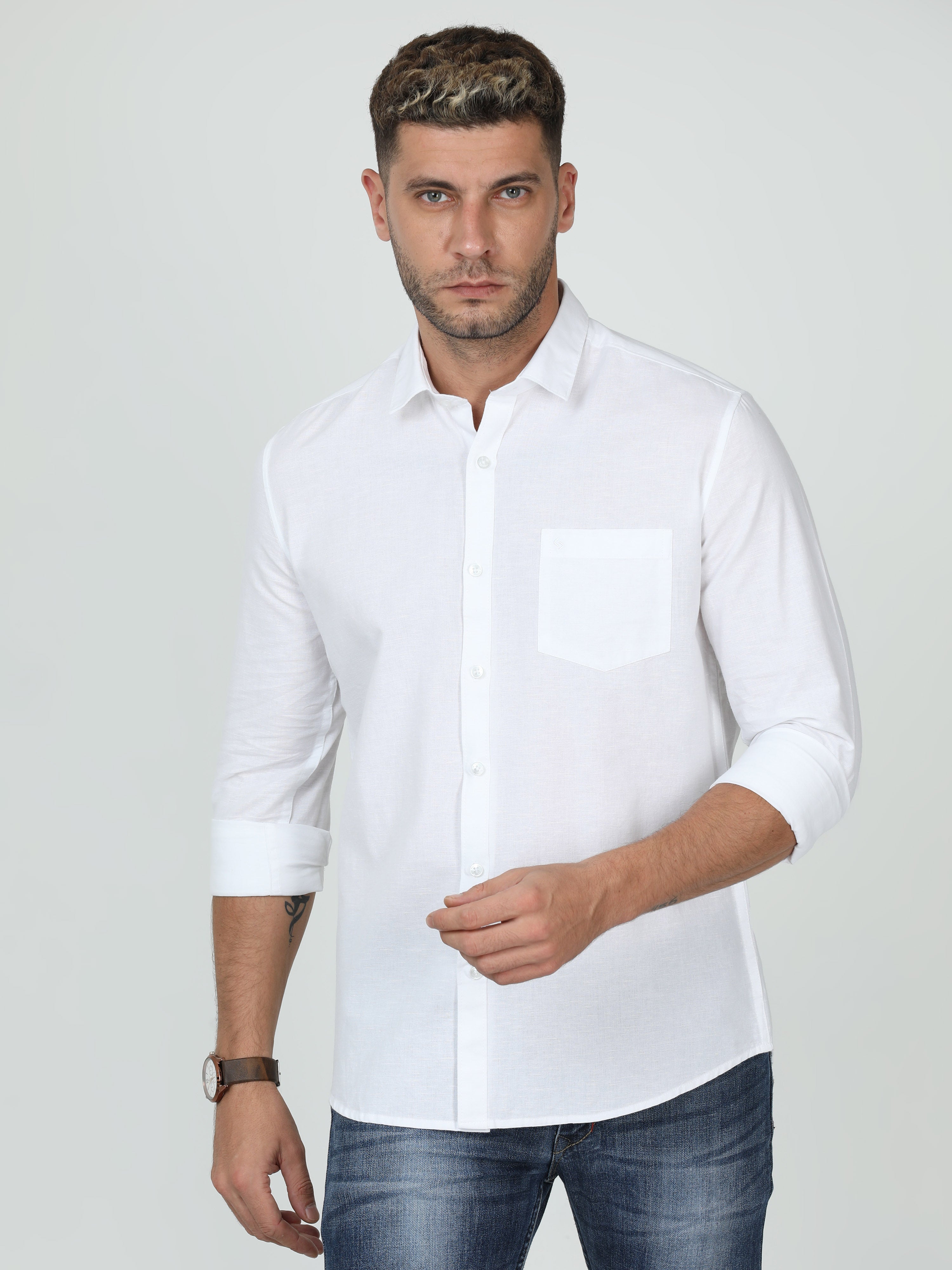 Classic Polo Mens Linen Cotton Full Sleeve Slim Fit Polo Neck White Color Woven Shirt | Linen - 12 A-FS-SLD-SF