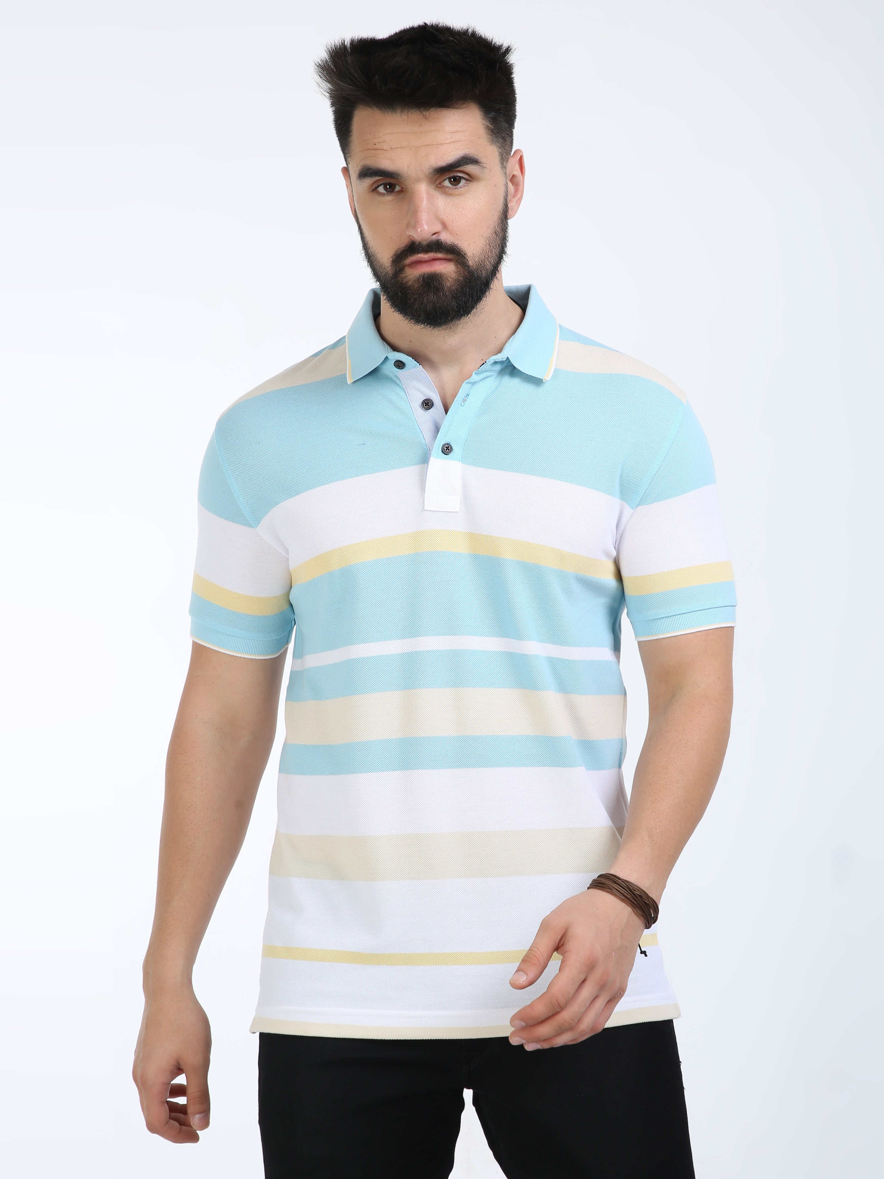 Classic Polo Mens Cotton Half Sleeves Striped Slim Fit Polo Neck White Color T-Shirt | Vta - 242 A Sf P