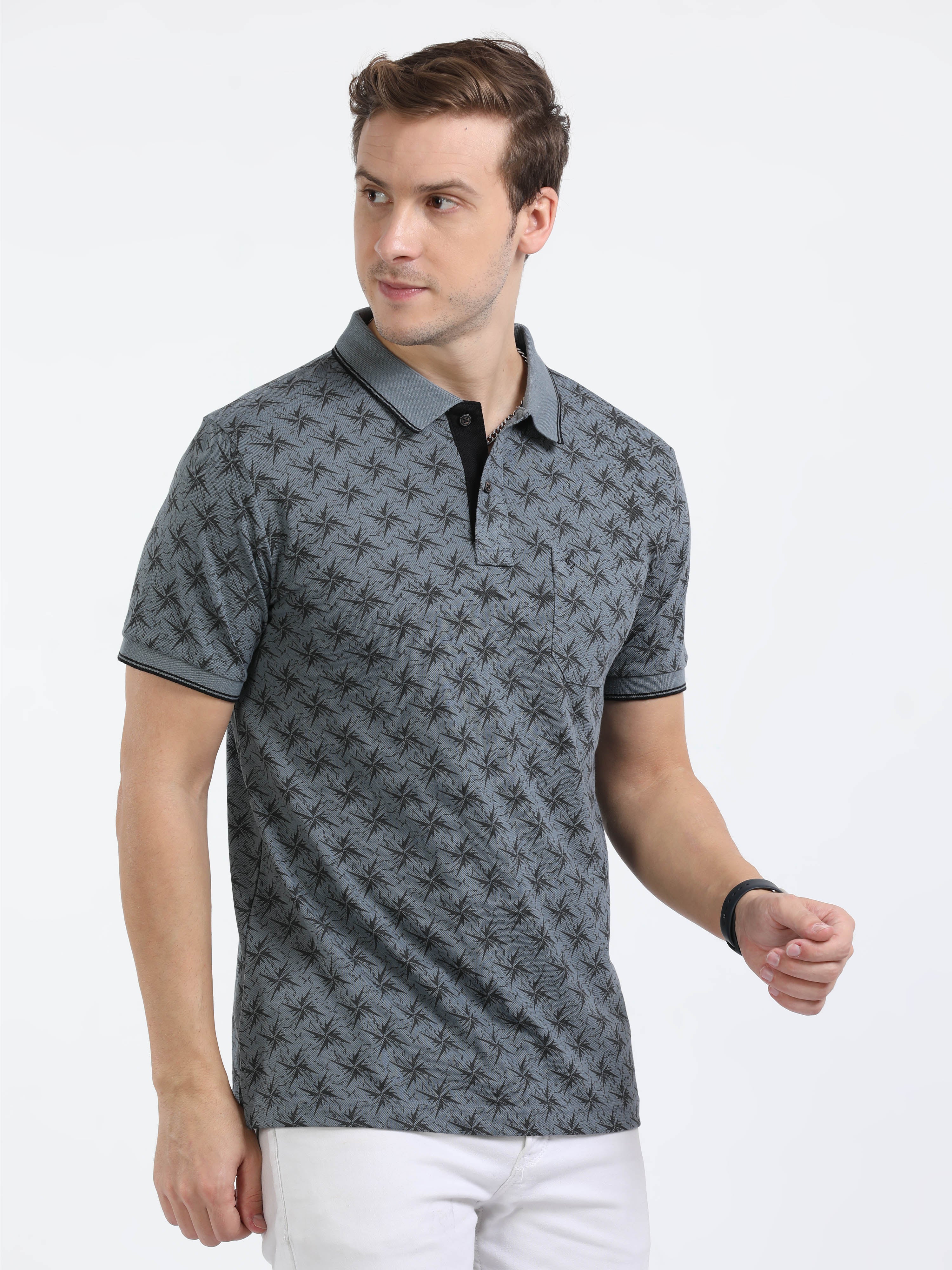 Classic Polo Mens Cotton Half Sleeves Printed Slim Fit Polo Neck Grey Color T-Shirt | Beau - 215 A Sf P