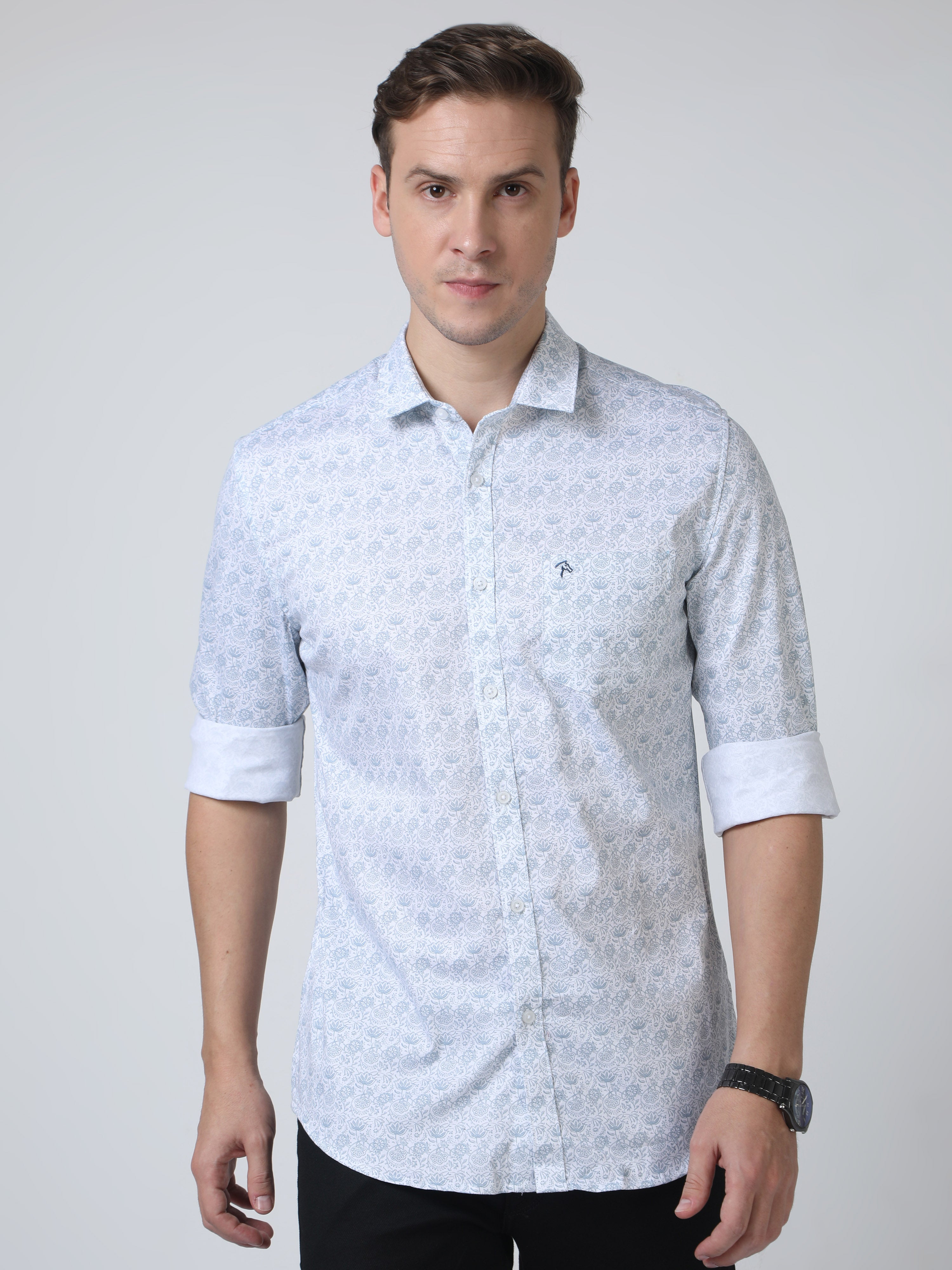CP BRO Mens Pure Cotton Full Sleeves Printed Slim Fit Polo Neck Aqua Blue Color Woven Shirt | Sbo2-21 A-Fs-Prt-Bsl