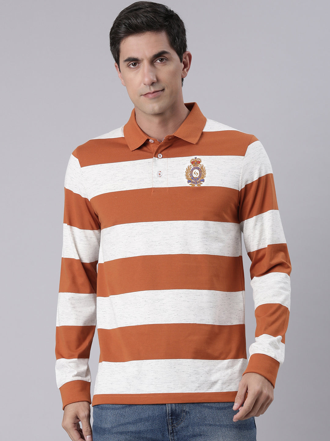 Classic Polo Men's Full Sleeve Rust/Off-White Polo Neck Slim Fit Color