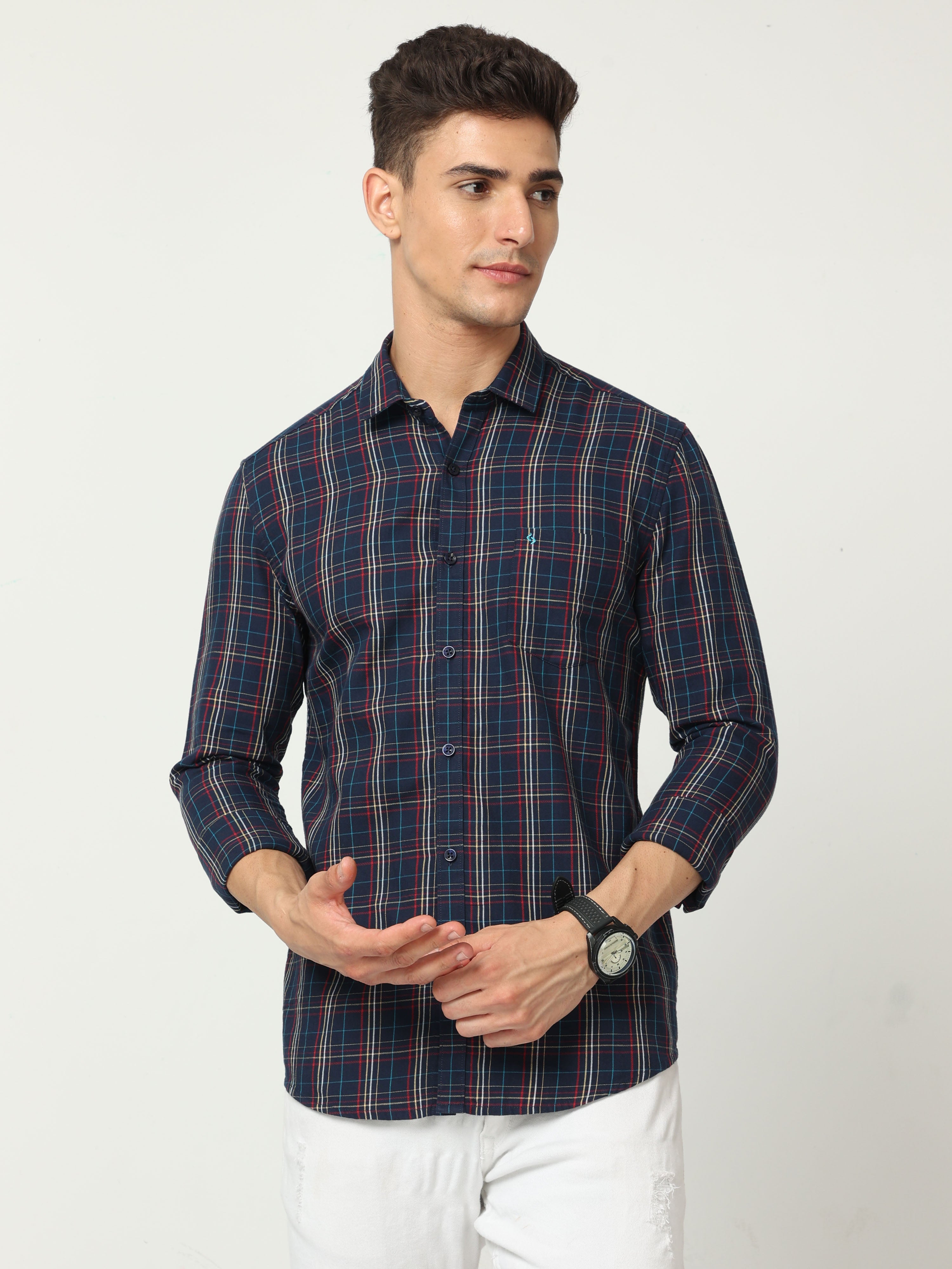Classic Polo Men's Cotton Full Sleeve Checked Slim Fit Polo Neck Navy Blue Color Woven Shirt | So1-97 B