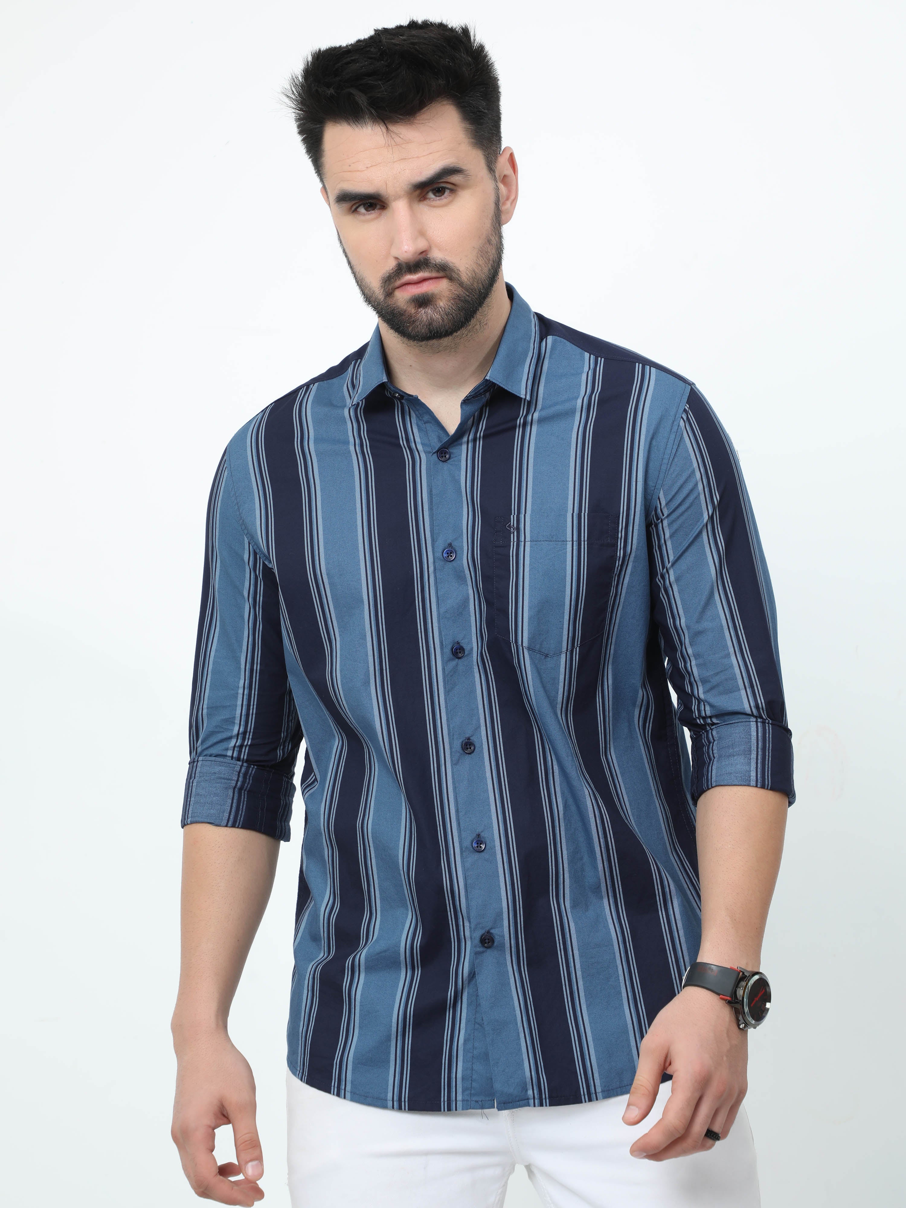 Classic Polo Mens Pure Cotton Full Sleeves Striped Slim Fit Polo Neck Blue Color Woven Shirt | So2-178 A-Fs-Str-Sf