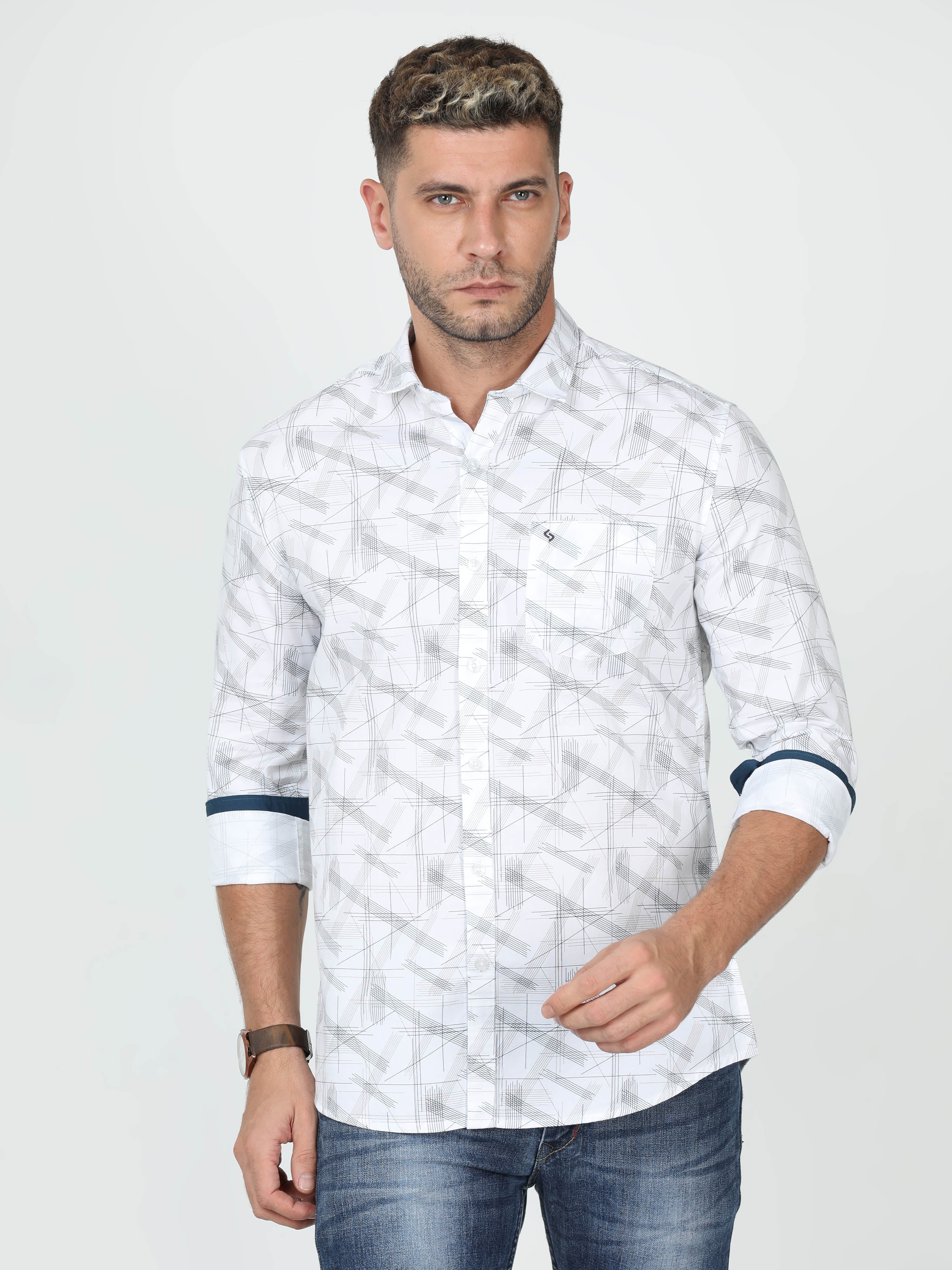 Classic Polo Mens Cotton Full Sleeve Slim Fit Polo Neck White Color Woven Shirt | So1-10 A-FS-PRT-SF