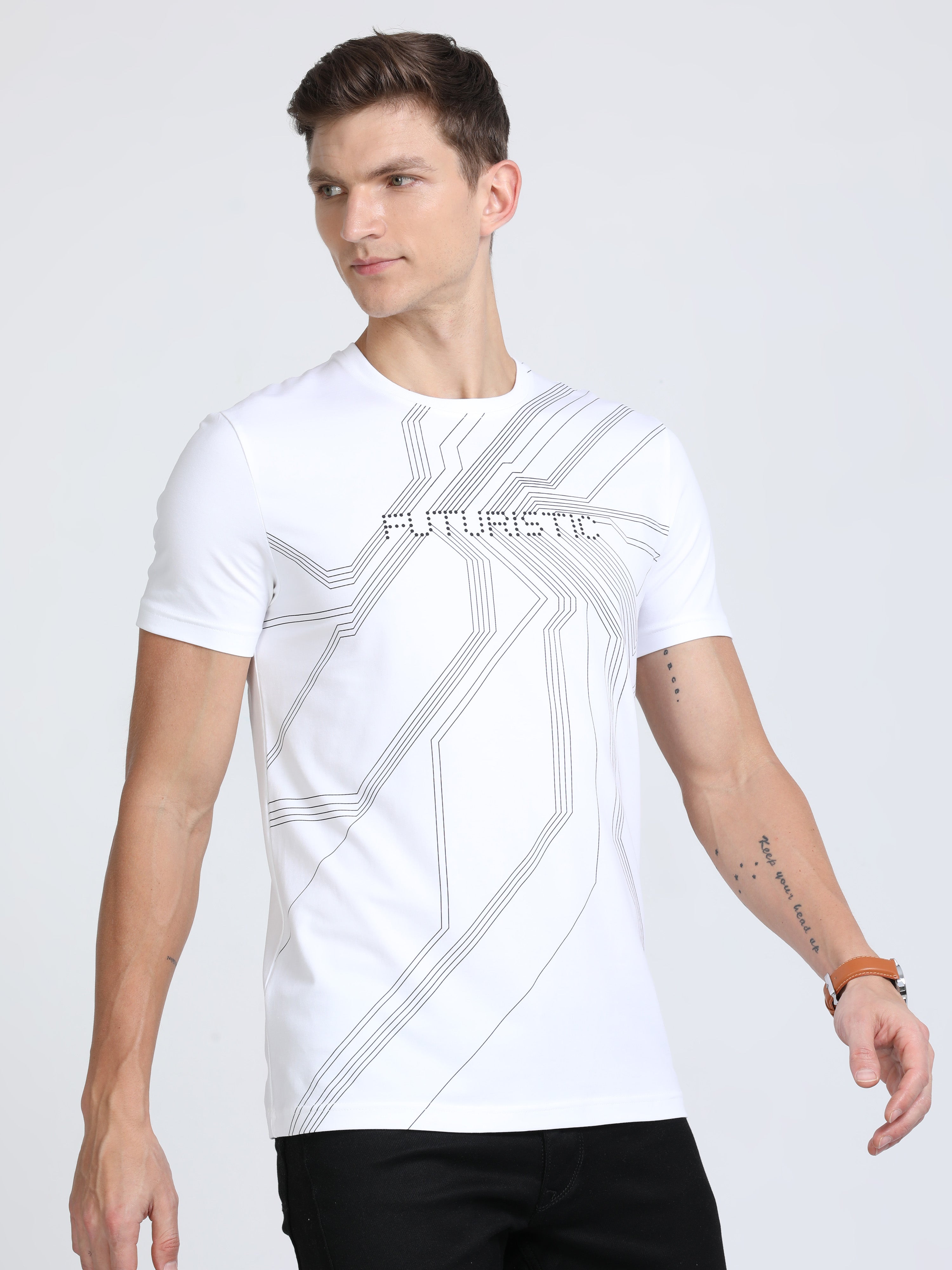 Classic Polo Mens Cotton Half Sleeves Printed Slim Fit Crew Neck White Color T-Shirt | Brcn - 550 B Sf C