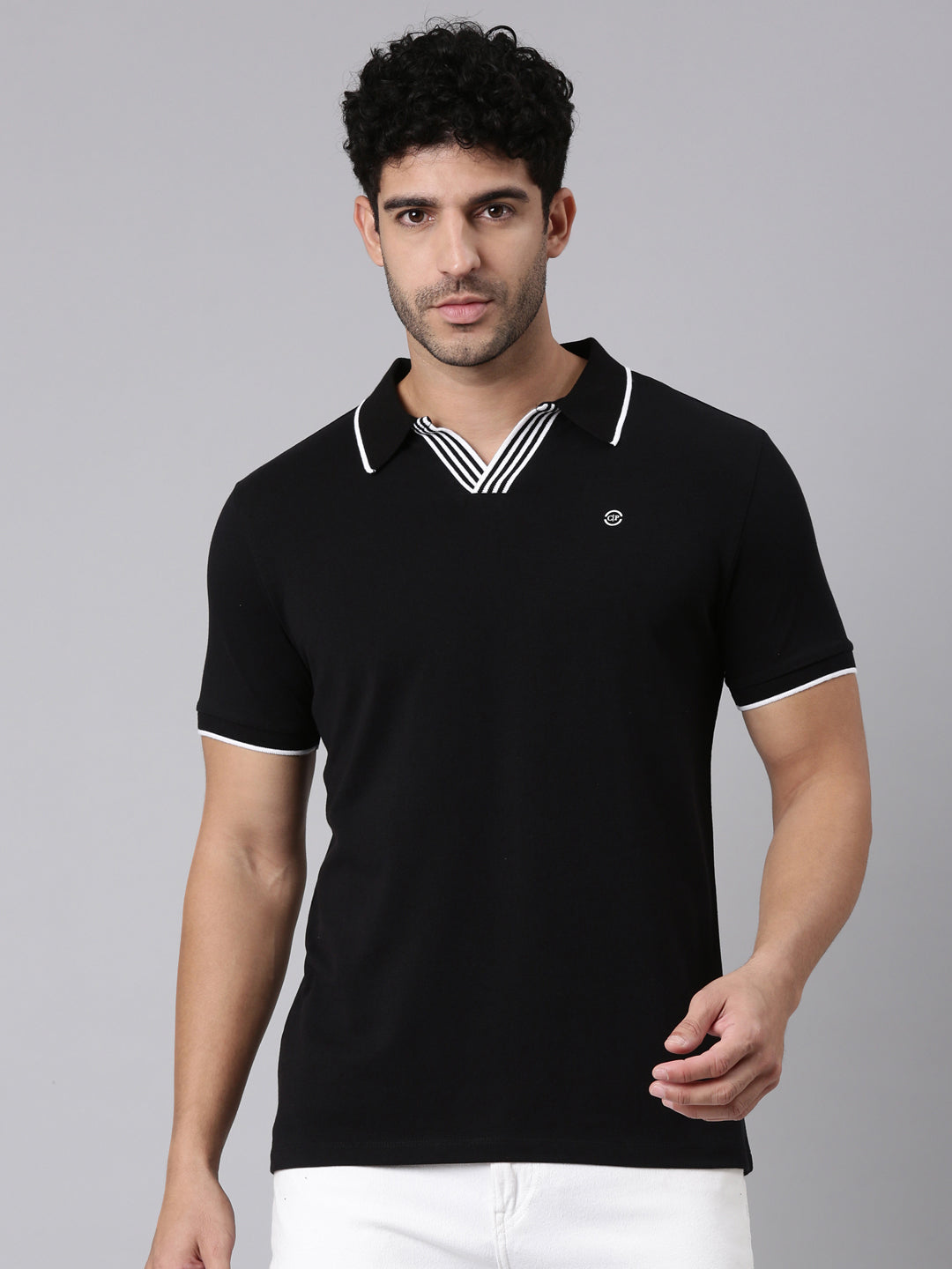 Classic Polo Men's Half Sleeve Black Polo Neck Slim Fit Solid Cotton Blend T-Shirt | RAVE POLO - 03 A SF P