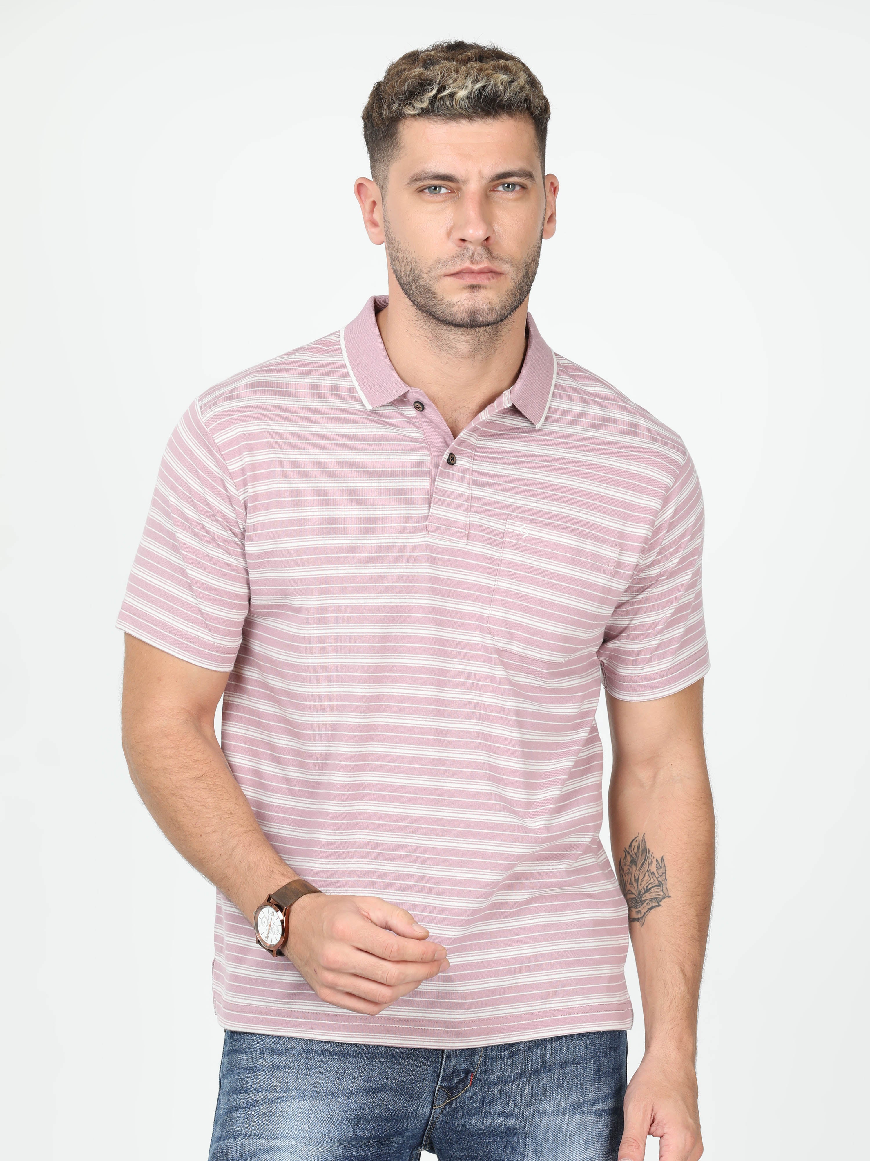 Classic Polo Mens Cotton Half Sleeve Striped Authentic Fit Polo Neck Peach Color T Shirt | F-Feeders - 106 A