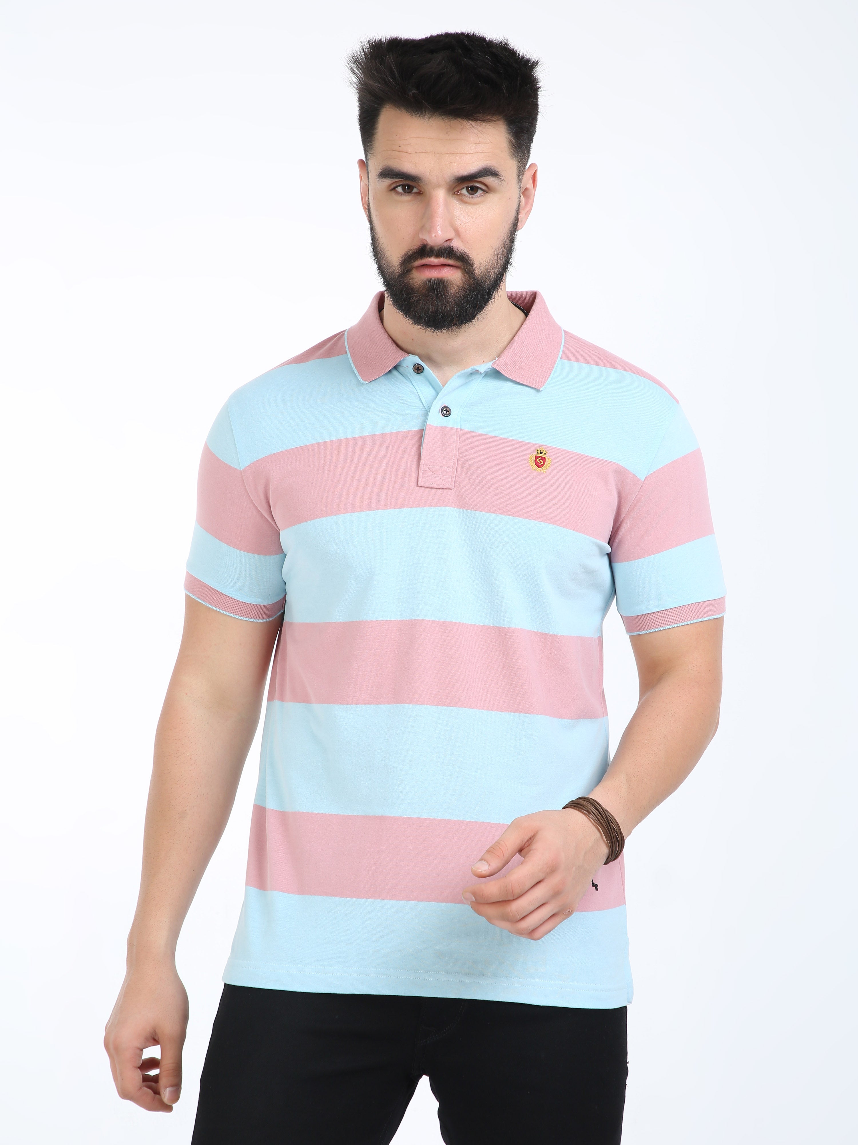 Classic Polo Mens Cotton Half Sleeves Striped Slim Fit Polo Neck Pink Color T-Shirt | Cpeg - 312 B Sf P