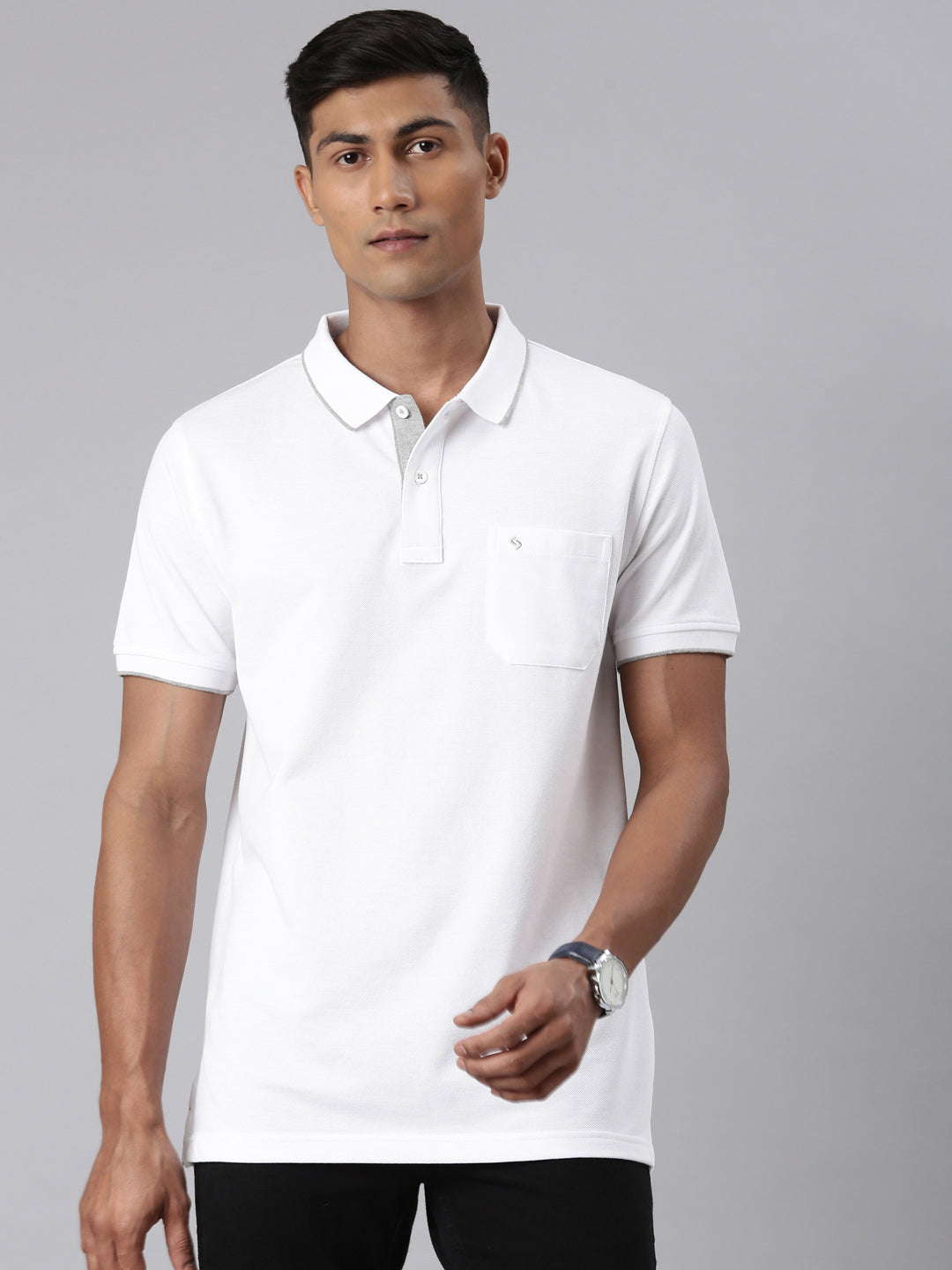 Classic Polo Men's Half Sleeve White Polo Neck Slim Fit Solid T-Shirt | ECM-NOVA - WHITE SF P