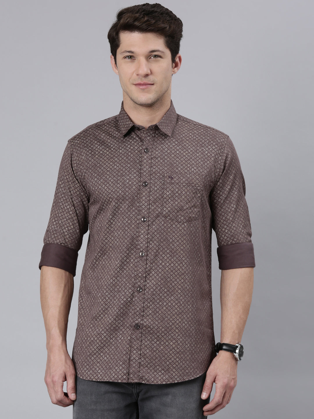 Classic Polo Men's Full Sleeve Dark Brown Polo Neck 100% Cotton Slim Fit Shirt | SP2-148-PRT-SF FS