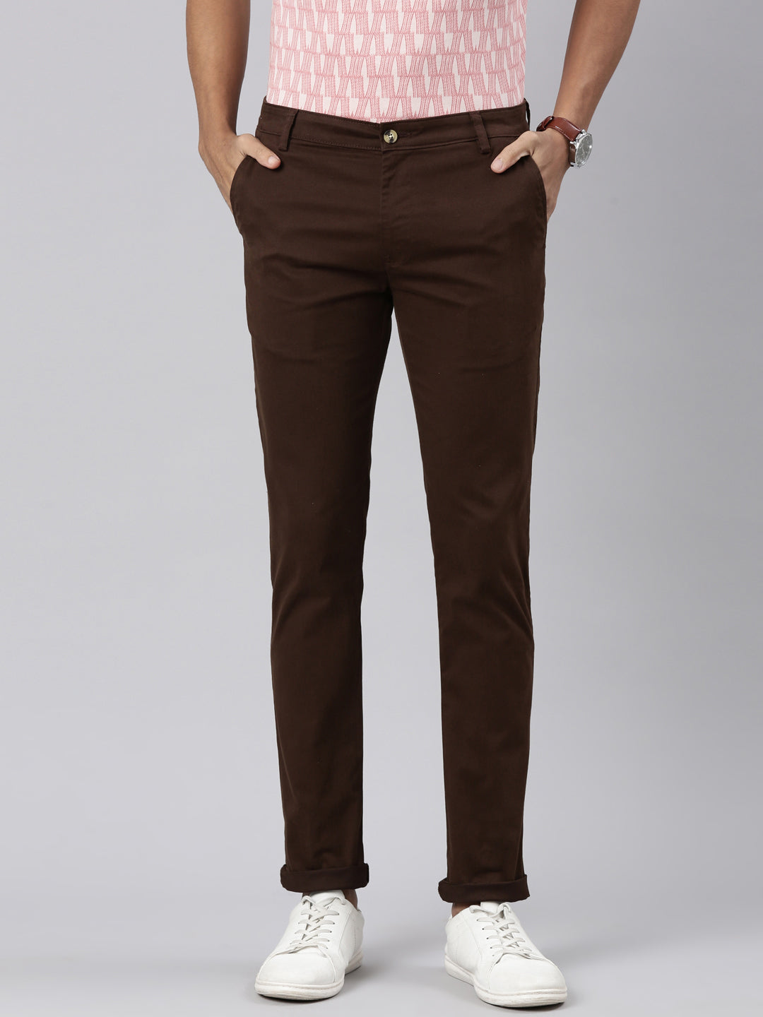 Classic Polo Men's Dark Brown Cotton Lycra Moderate Fit Trousers TRS