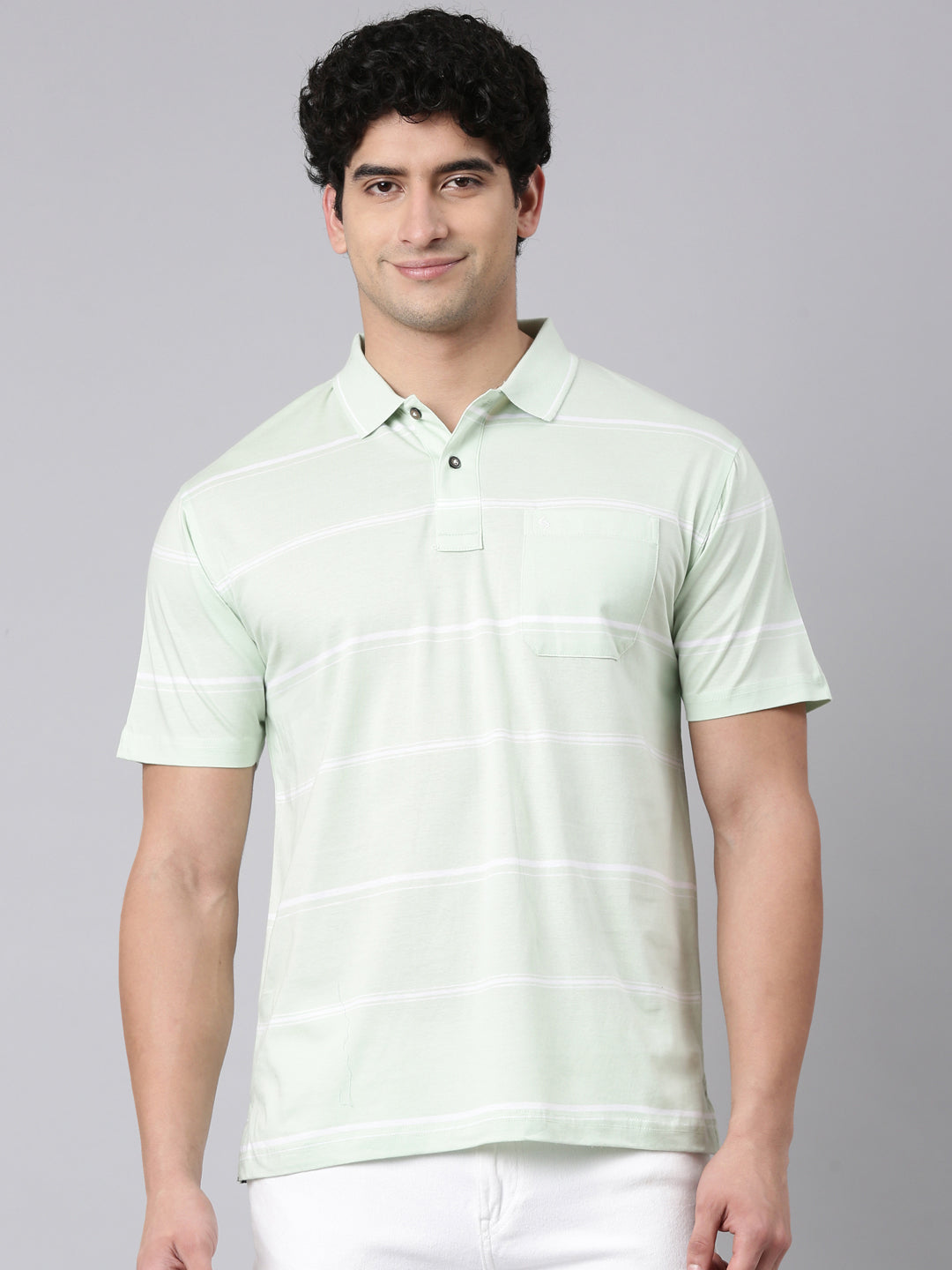 Classic Polo Men's Half Sleeve Light Green Polo Neck Authentic Fit Striped Cotton T-Shirt | AP - 156 A AF P