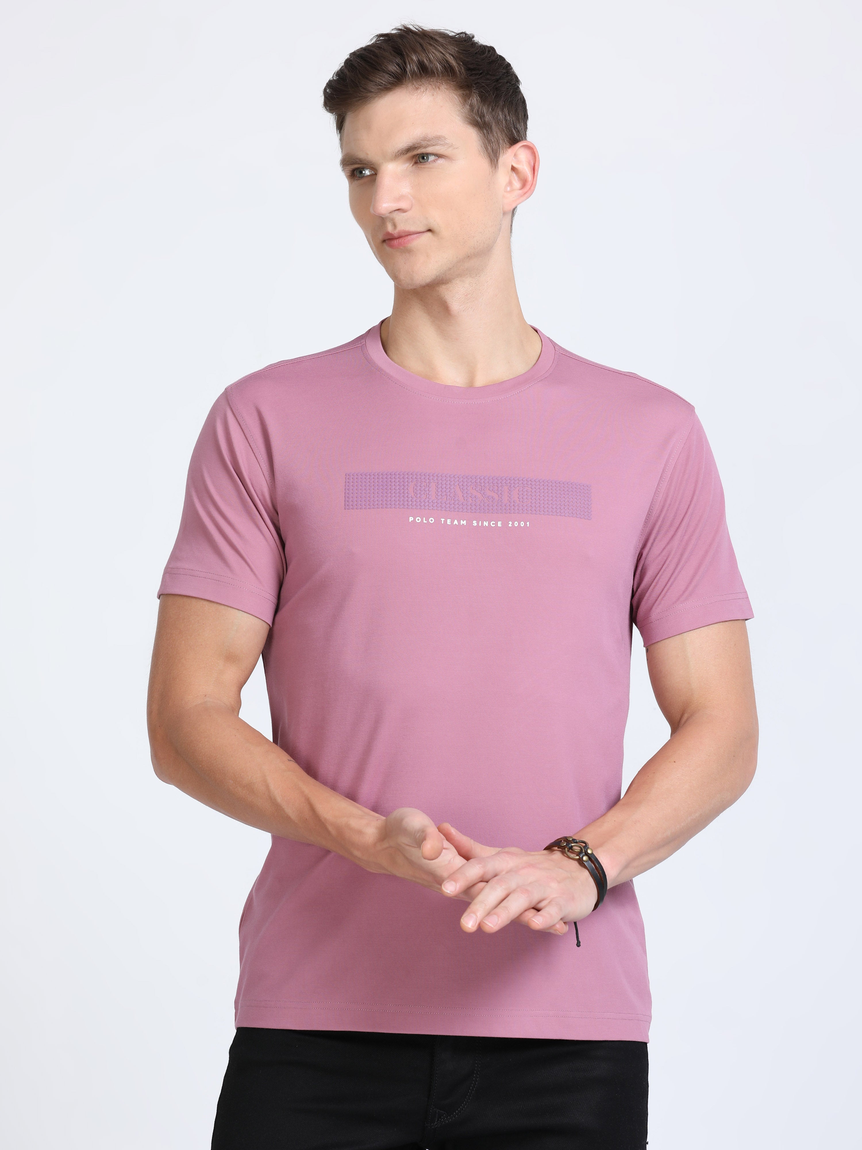 Classic Polo Mens Cotton Half Sleeves Printed Slim Fit Crew Neck Pink Color T-Shirt | Baleno - 543 B Sf C