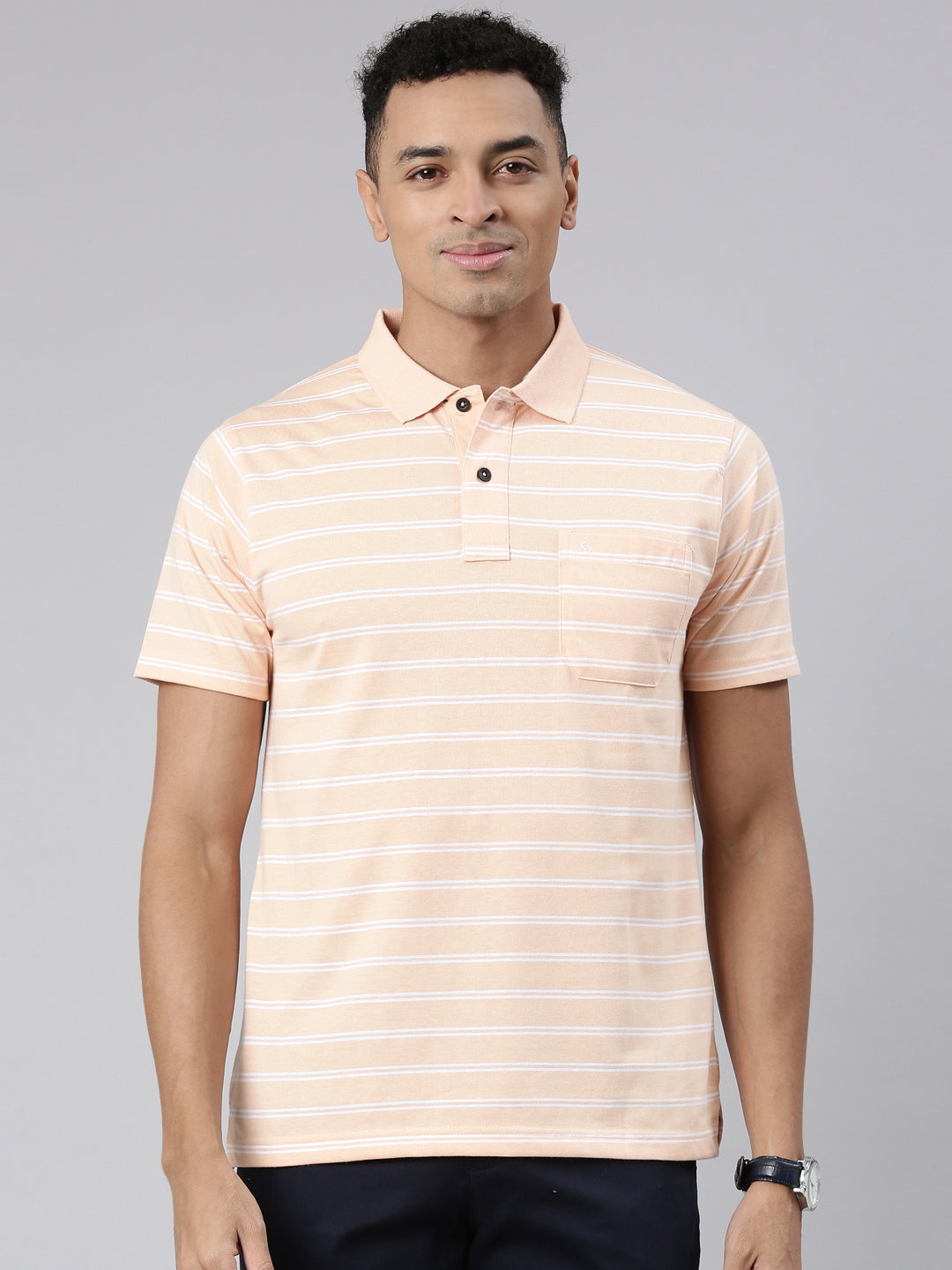 Classic Polo Men's Half Sleeve Lt.Orange/White Polo Neck Cotton Blend Authentic Fit T-Shirt | AVON - 570 B AF P