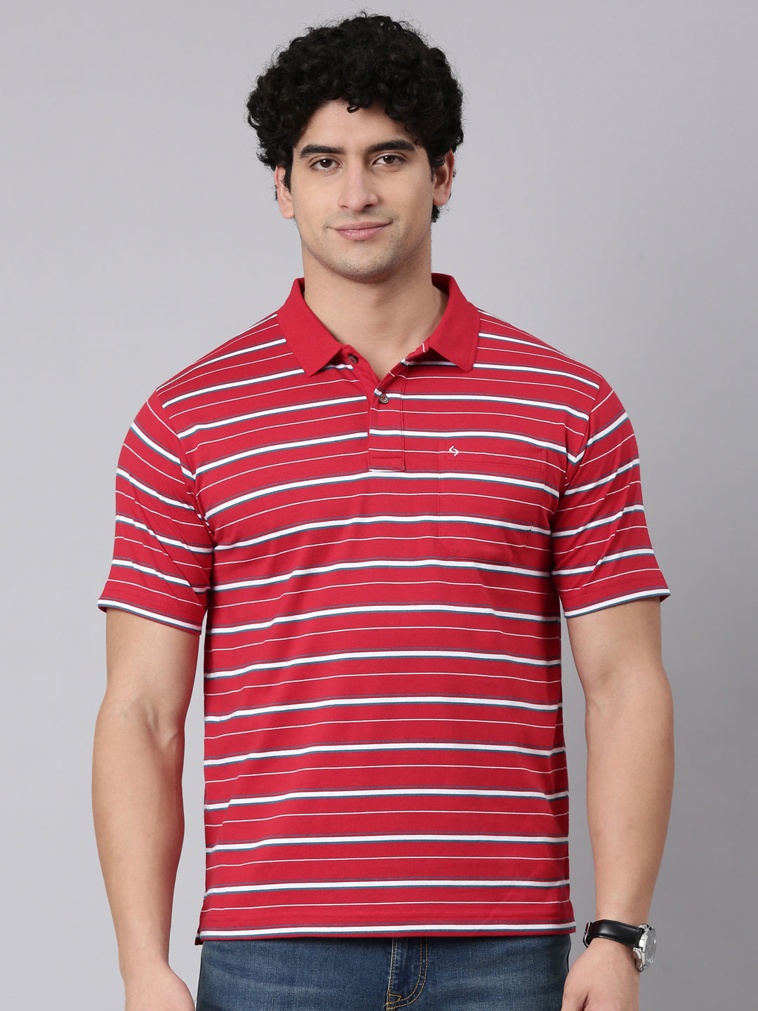 Classic Polo Men's Half Sleeve Red/White Polo Neck Authentic Fit Striped Cotton Blend T-Shirt | FEEDERS - 307 B AF P