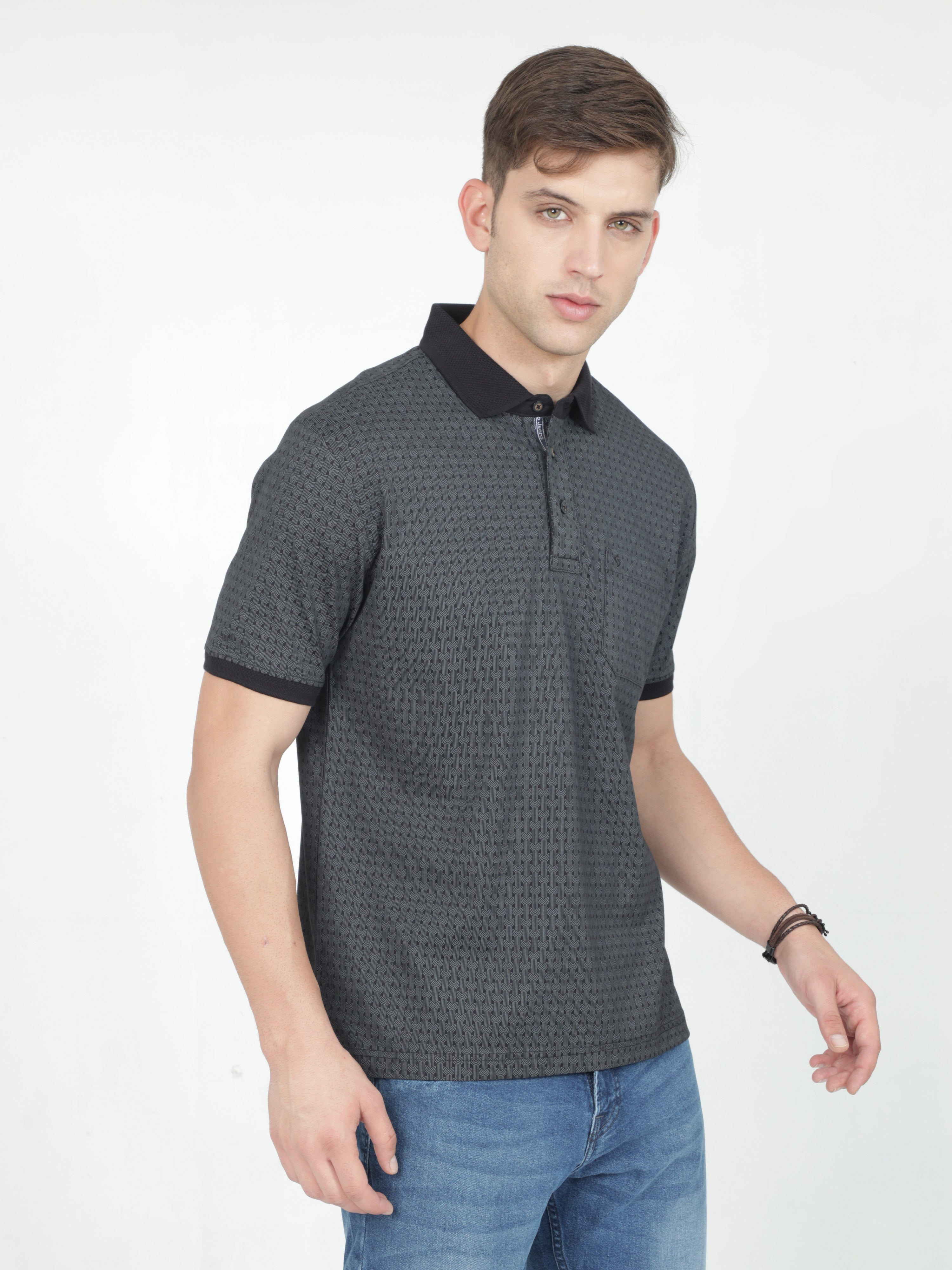 Classic Polo Mens Cotton Half Sleeves Floral Authentic Fit Polo Neck Black Color T-Shirt | Swank - 06 B Af P