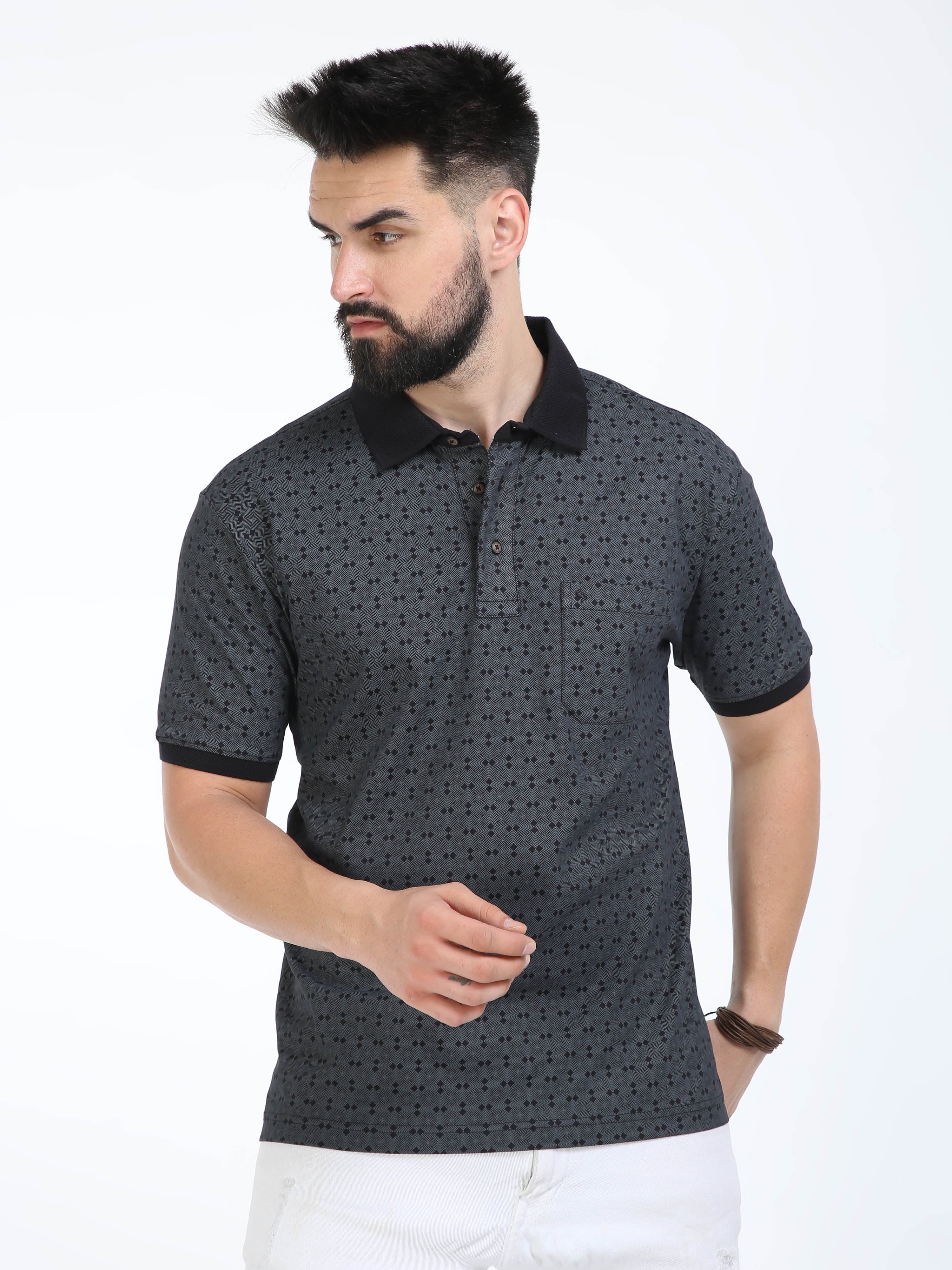 Classic Polo Mens Cotton Half Sleeves Floral Authentic Fit Polo Neck Black Color T-Shirt | Swank - 09 B Af P