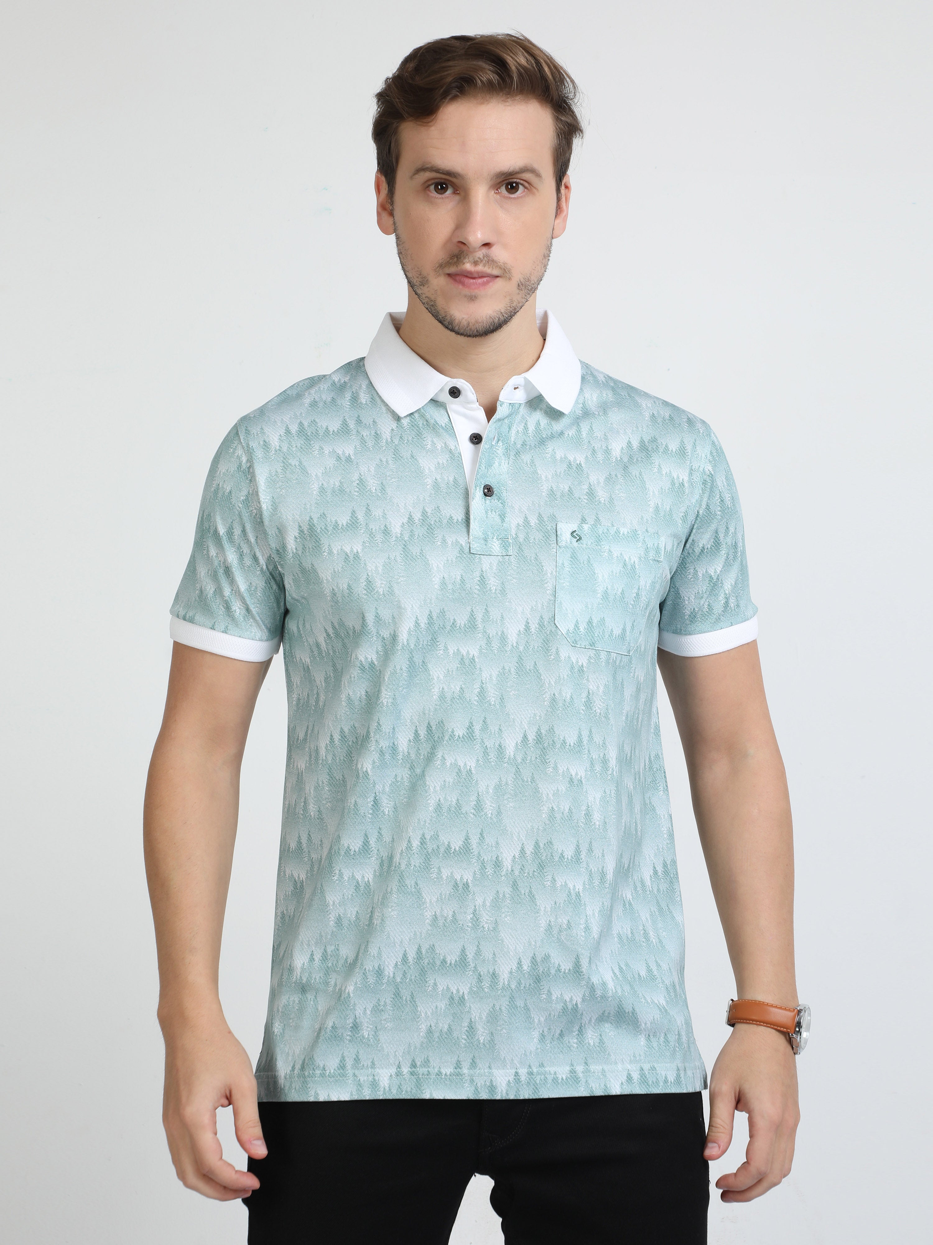Classic Polo Mens Cotton Half Sleeves Floral Slim Fit Polo Neck Aqua Blue Color T-Shirt | Scant - 31 B Sf P