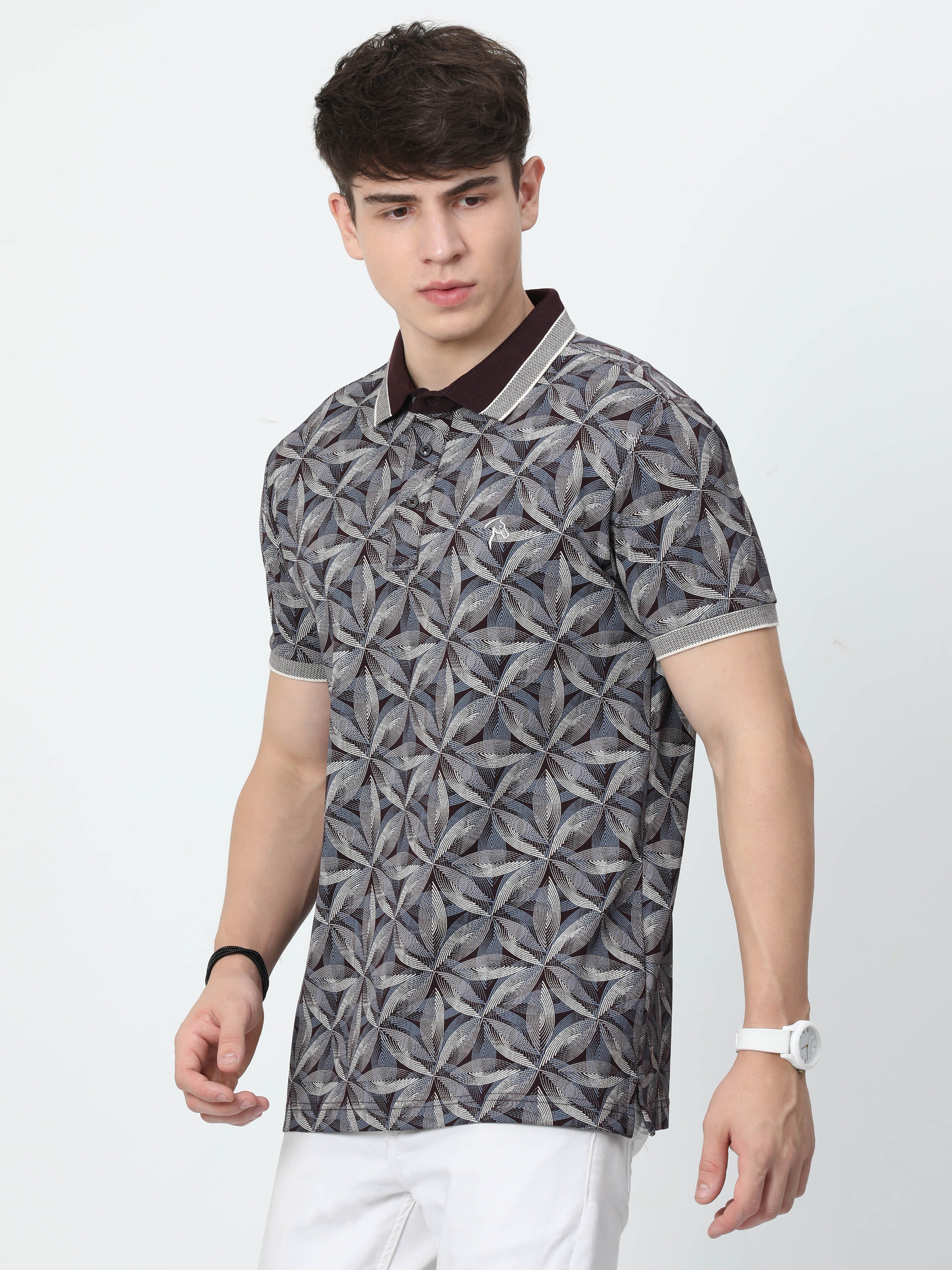 Classic Polo Mens Cotton Half Sleeves Floral Slim Fit Polo Neck Brown Color T-Shirt | Brp - 387 B Sf P