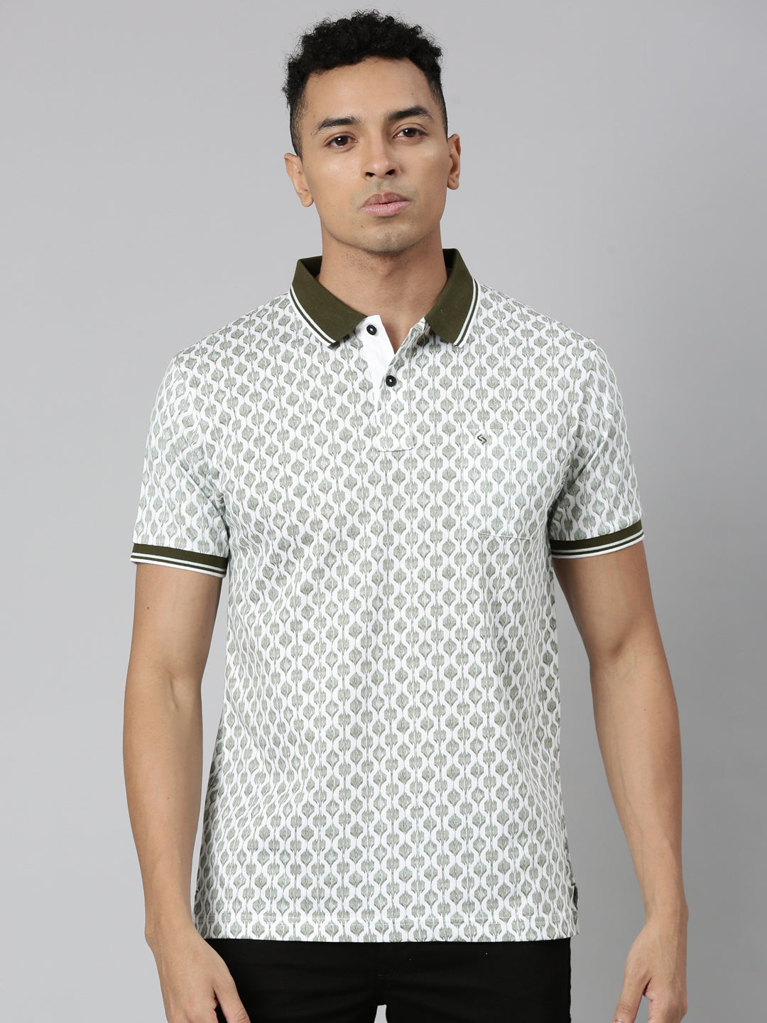 Classic Polo Men's Polo Neck Cotton White/Olive Slim Fit Printed T-Shirt | BELLO-287 A SF P