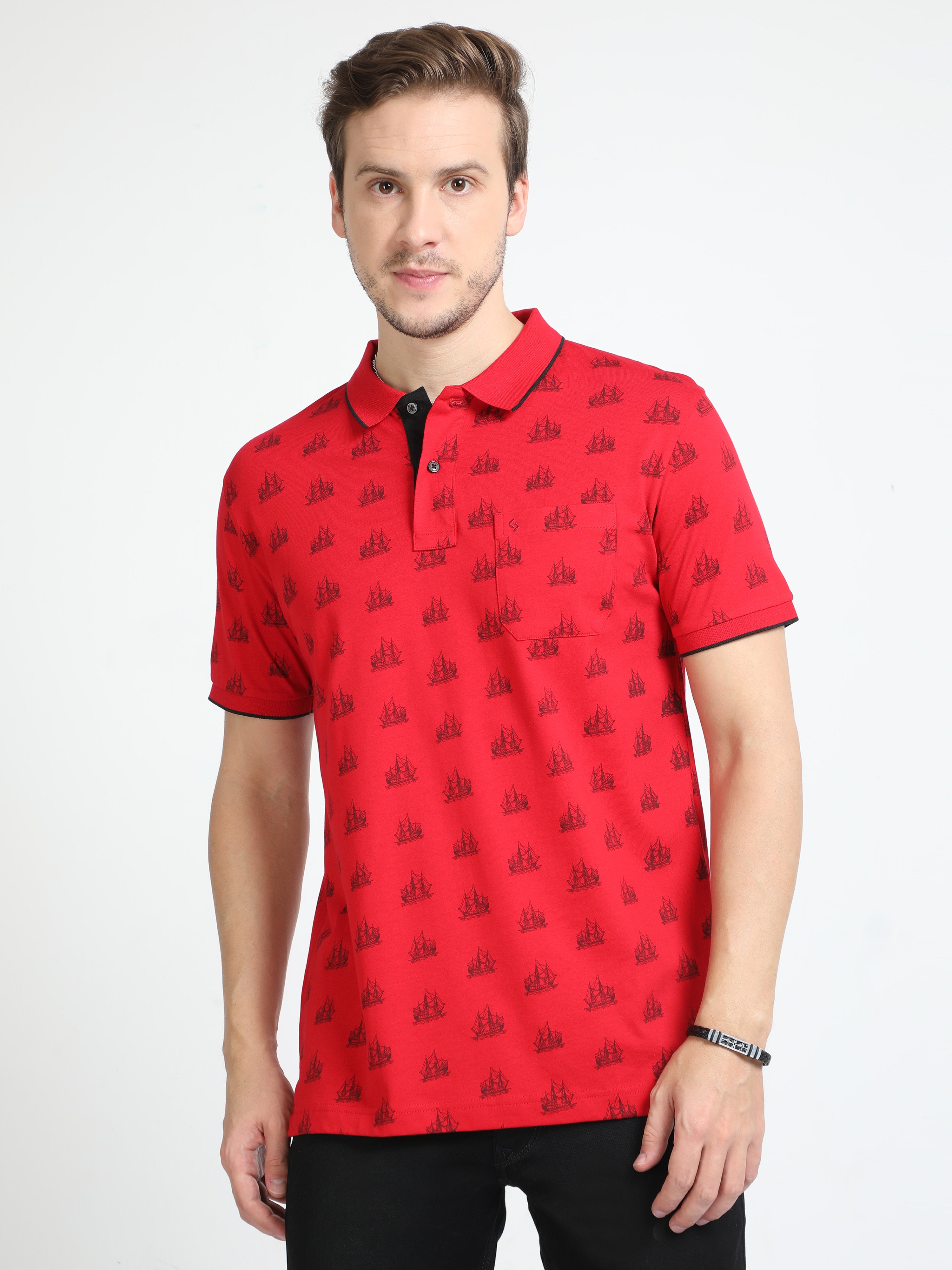 Classic Polo Mens Cotton Half Sleeves Floral Slim Fit Polo Neck Red Color T-Shirt | Bello - 227 A Sf P