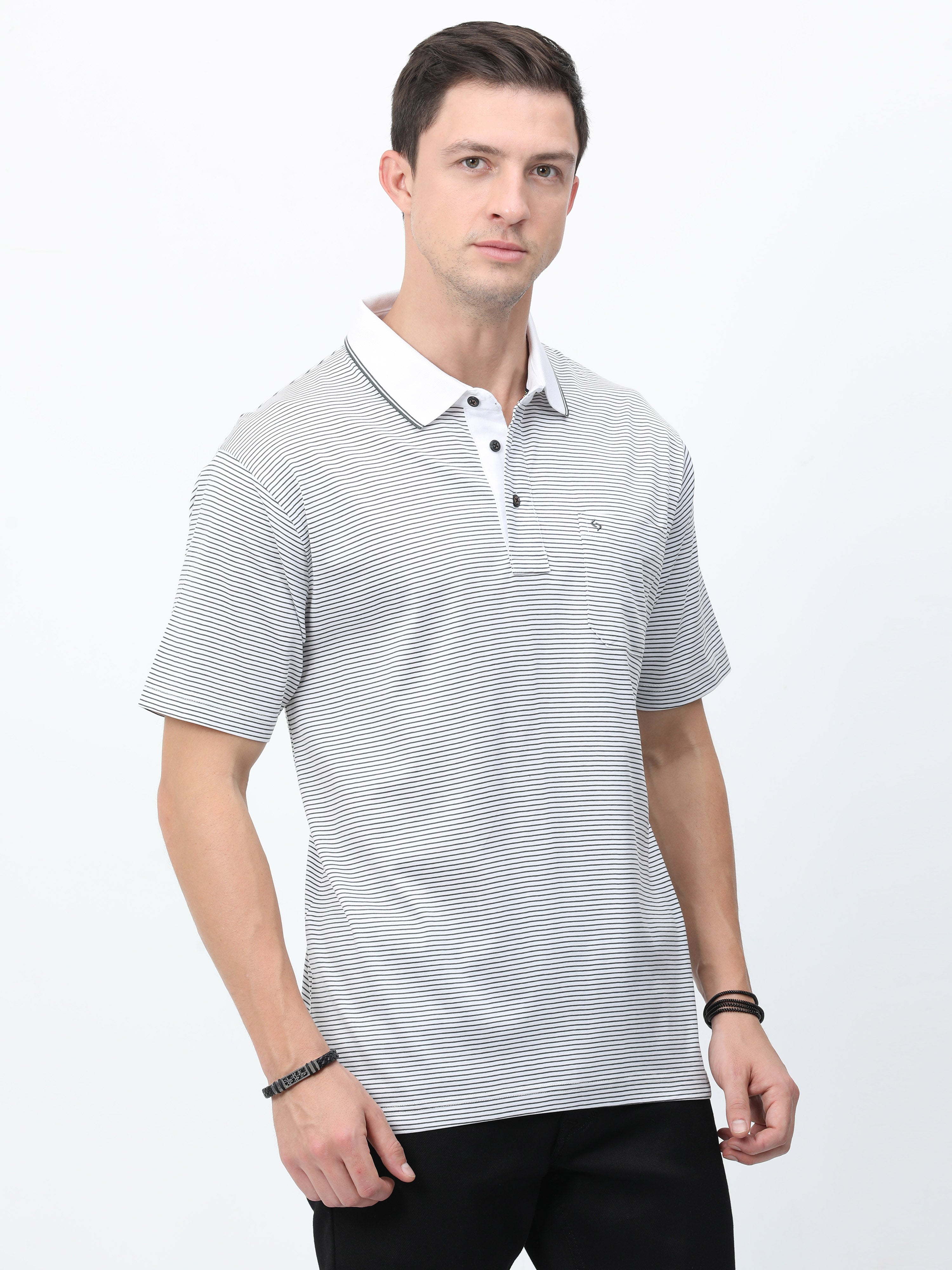 Classic Polo Mens Cotton Half Sleeves Striped Authentic Fit Polo Neck White Color T-Shirt | Ultimo - 327 A Af P