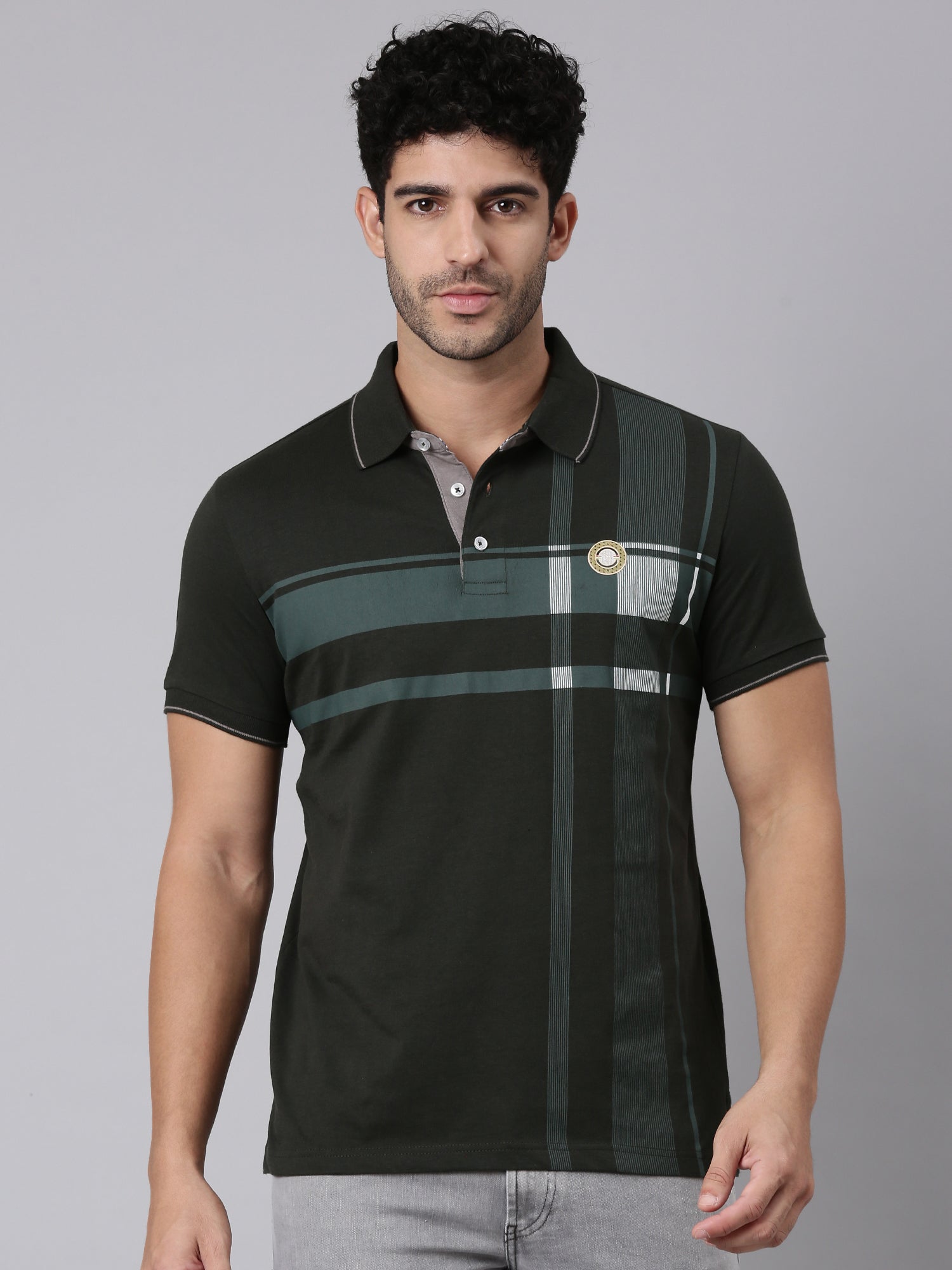 Classic Polo Men's Half Sleeve Black Polo Neck Slim Fit Striped Cotton T-Shirt | FP - 23 A SF P
