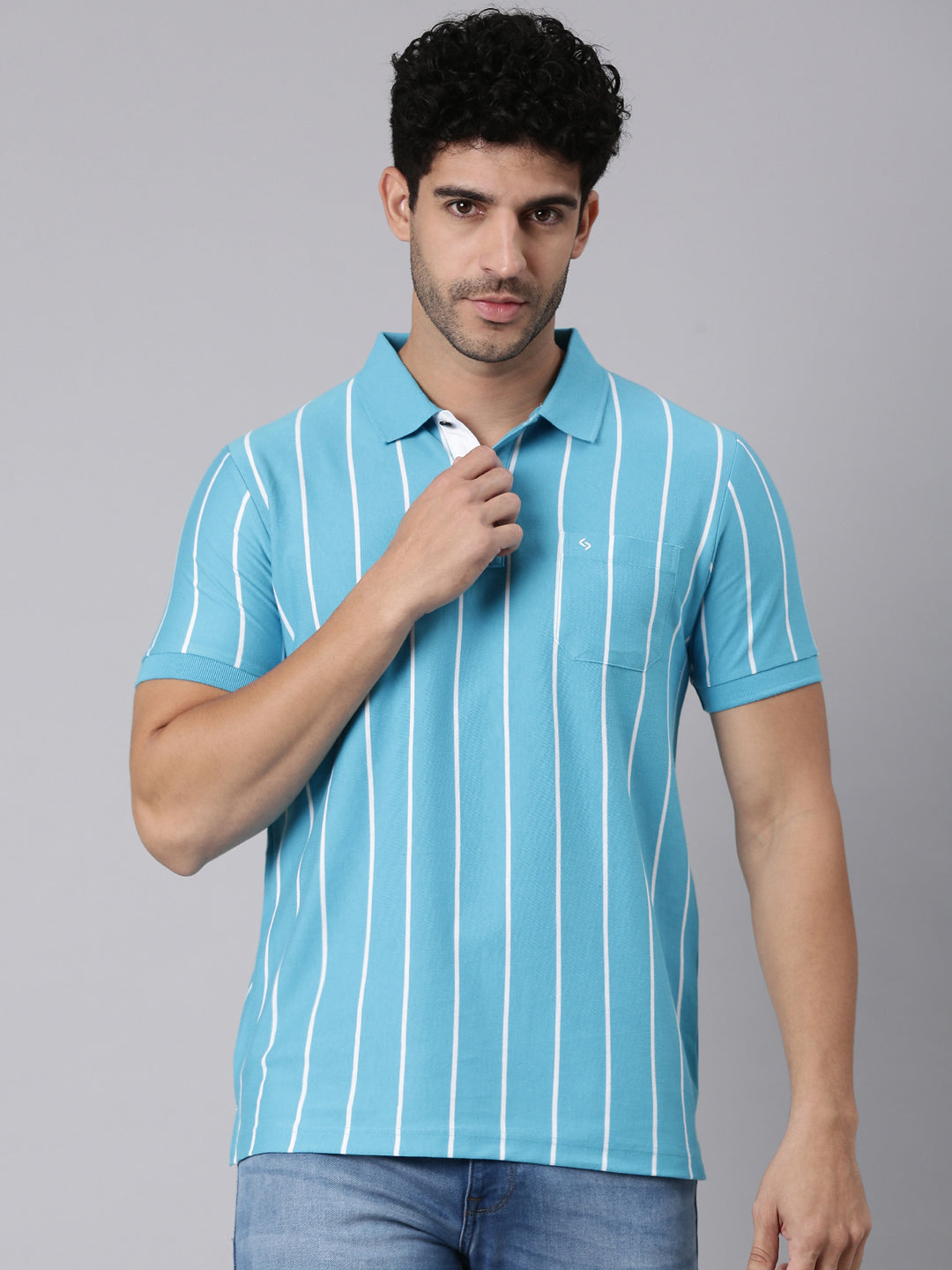 Classic Polo Men's Half Sleeve Turquoise Blue/White Polo Neck Slim Fit Striped Cotton Blend T-Shirt | VERTICS - 123 A SF P