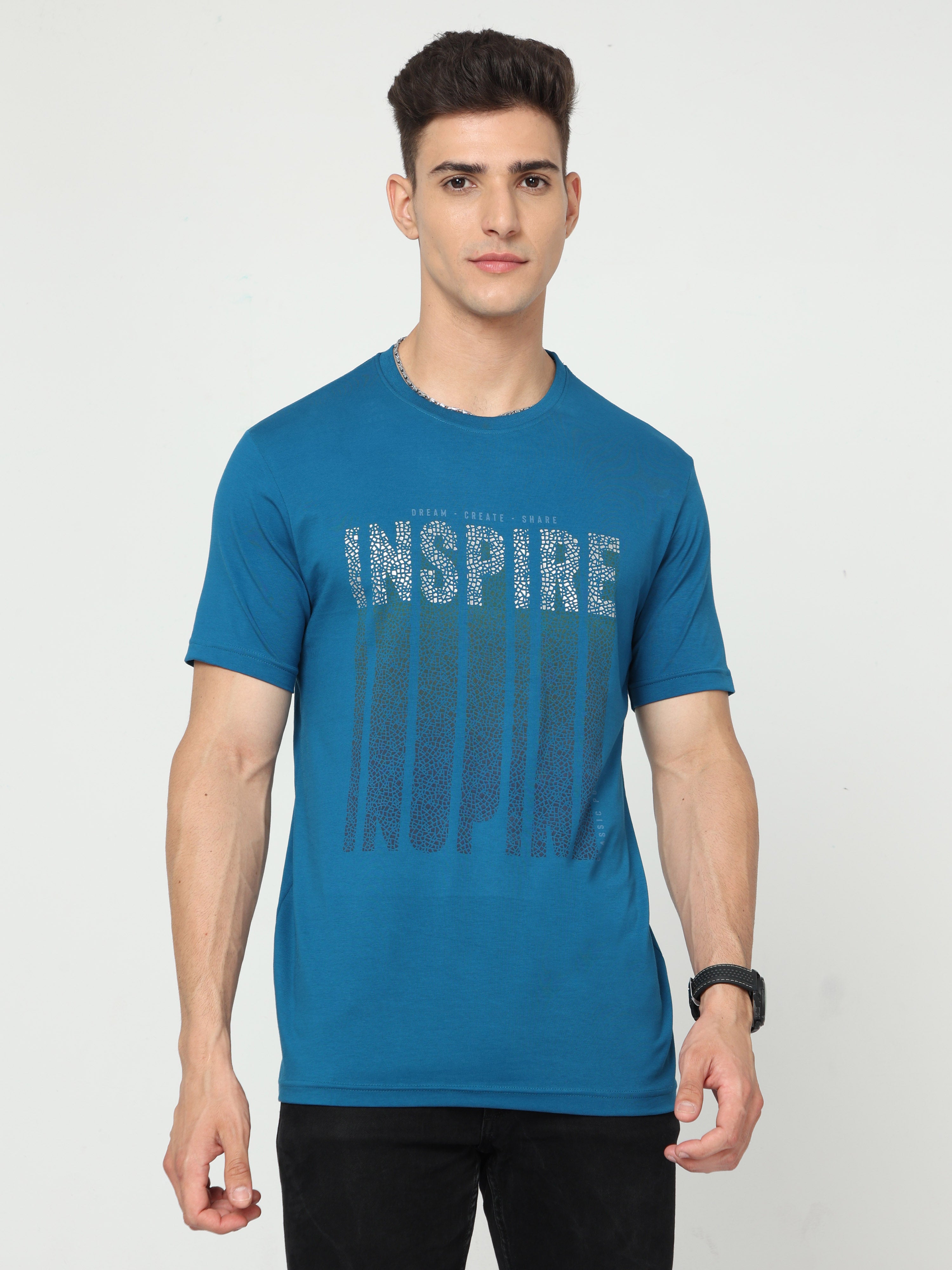 Classic Polo Mens Pure Cotton Half Sleeve Printed Slim Fit Crew Neck Blue Color T Shirt | Baleno - 495 B