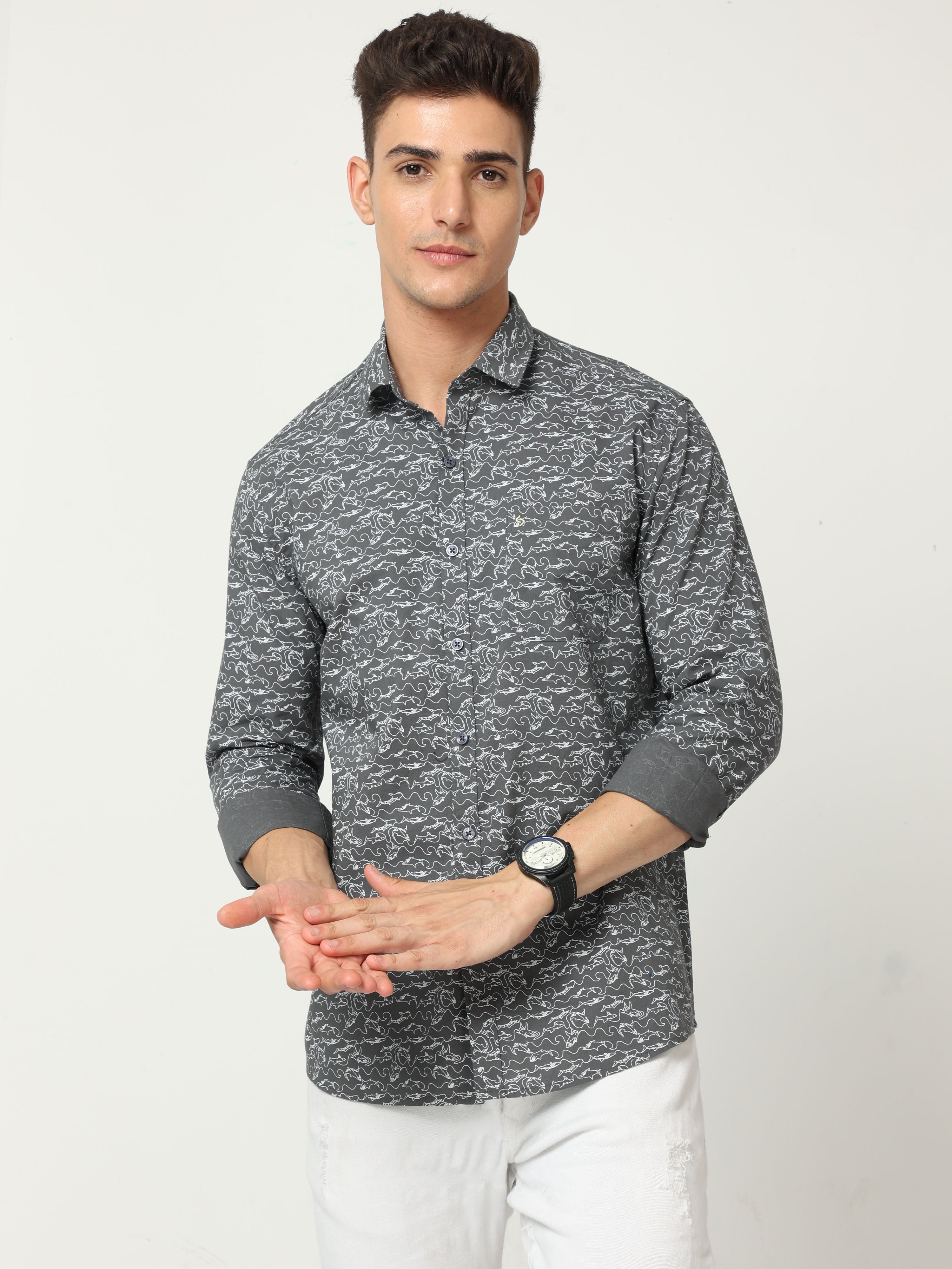 Classic Polo Mens Cotton Full Sleeve Printed Slim Fit Polo Neck Grey Color Woven Shirt | SO1-148 B-FS-PRT