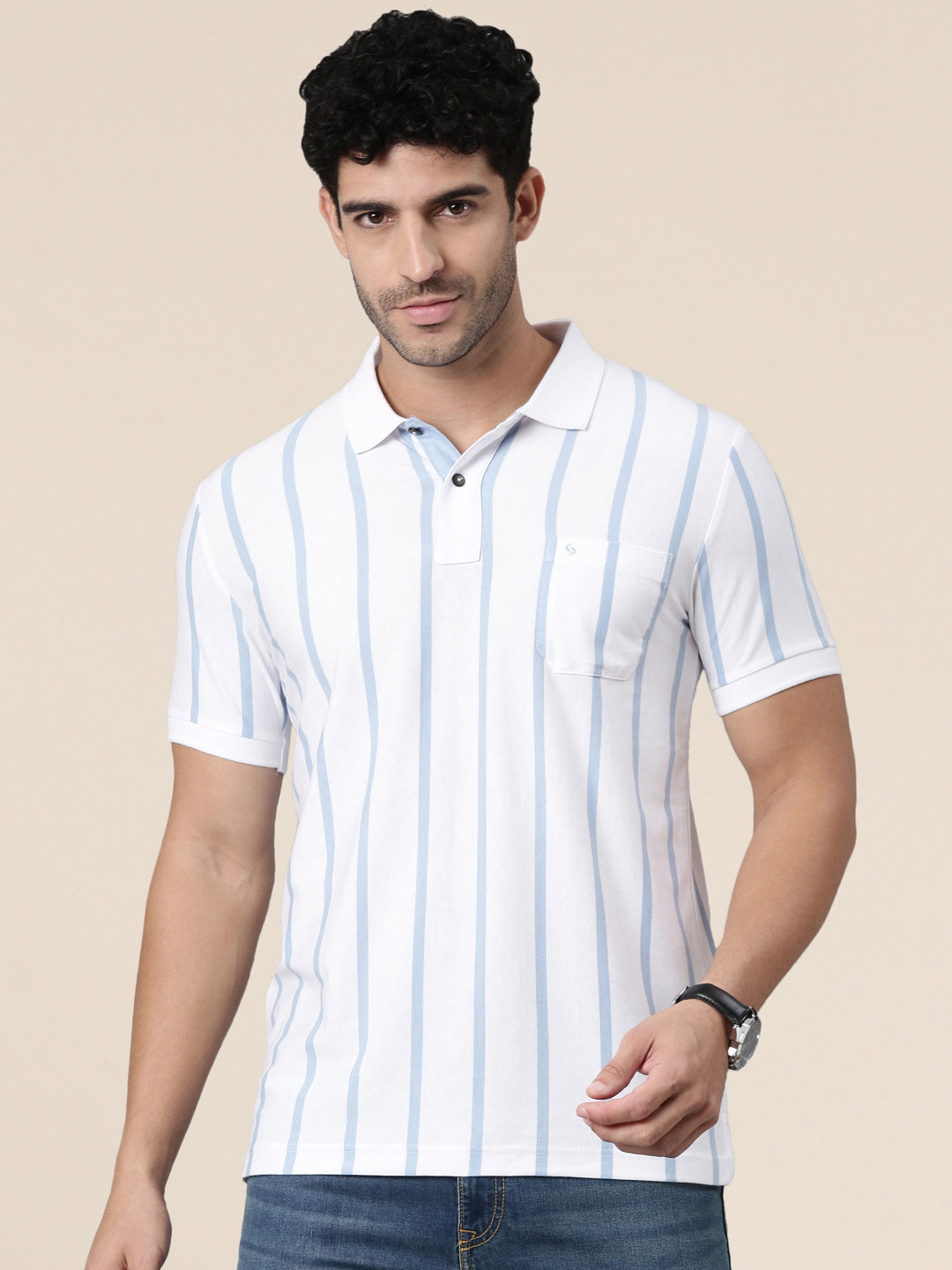 Classic Polo Men's Half Sleeve White/Light Blue Polo Neck Slim Fit Striped Cotton Blend T-Shirt | VERTICS - 121 A SF P
