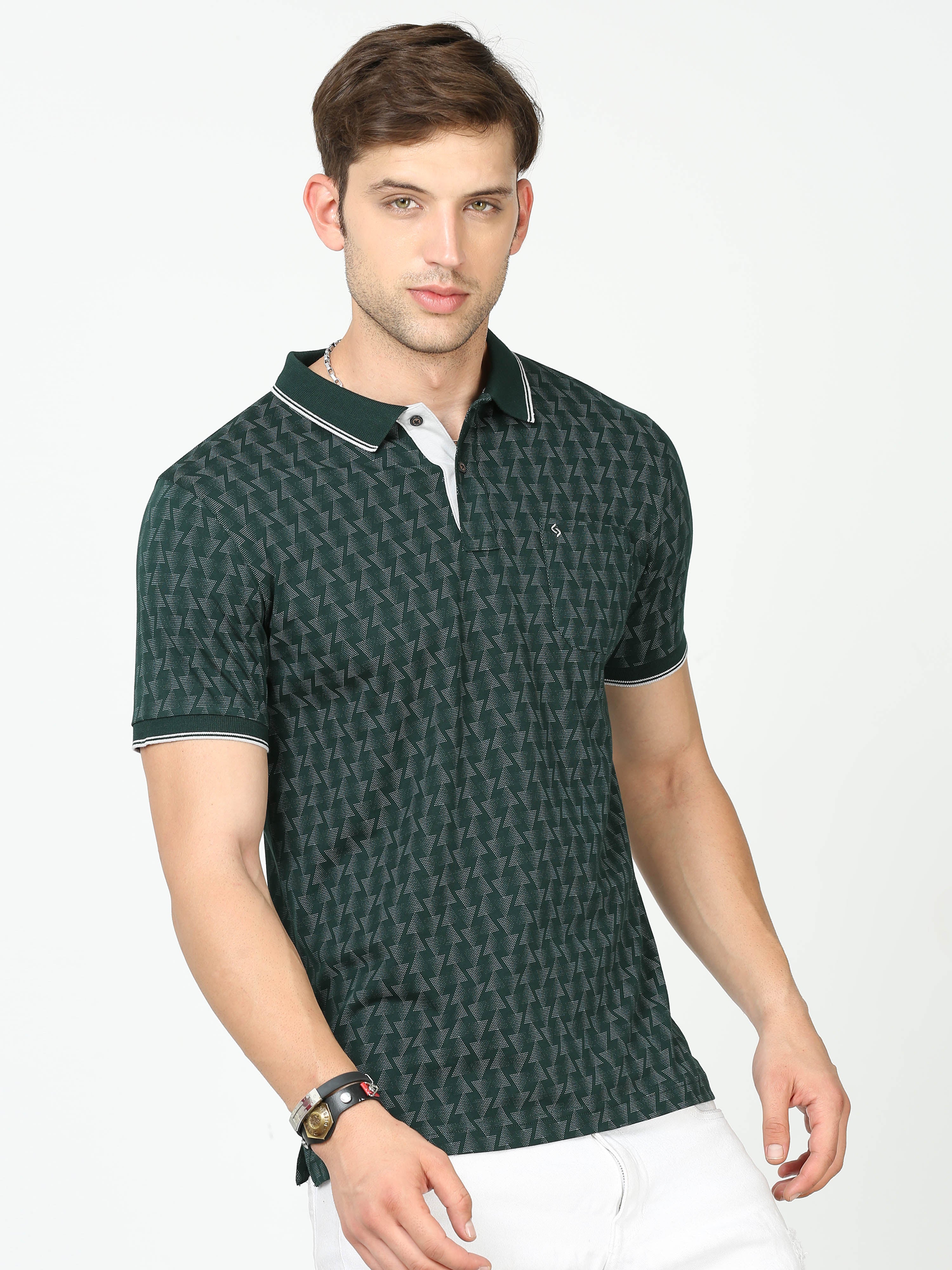 Classic Polo Mens Pure Cotton Half Sleeves Printed Slim Fit Polo Neck Dark Green Color T-Shirt | Bello - 230 A Sf P