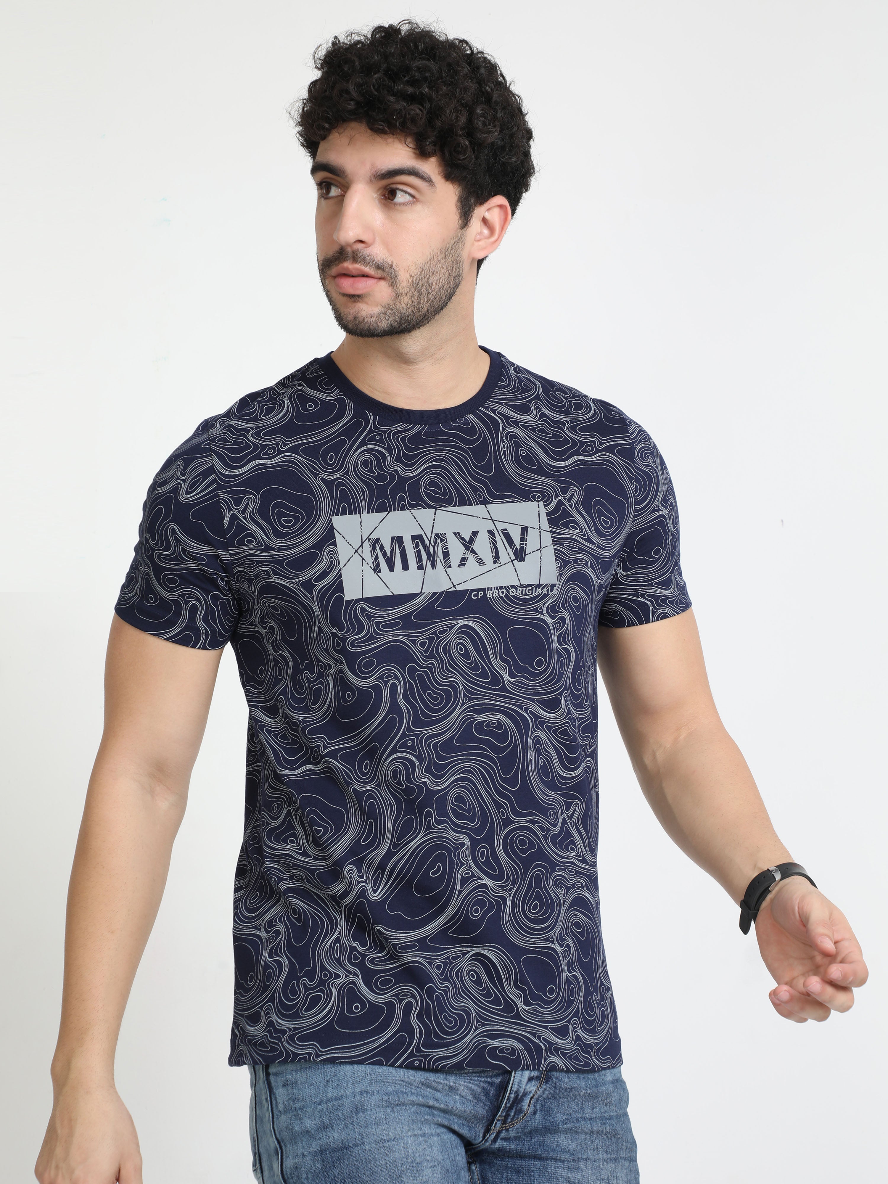 Classic Polo Mens Cotton Half Sleeves Floral Slim Fit Crew Neck Navy Blue Color T-Shirt | Brcn - 556 B Sf C