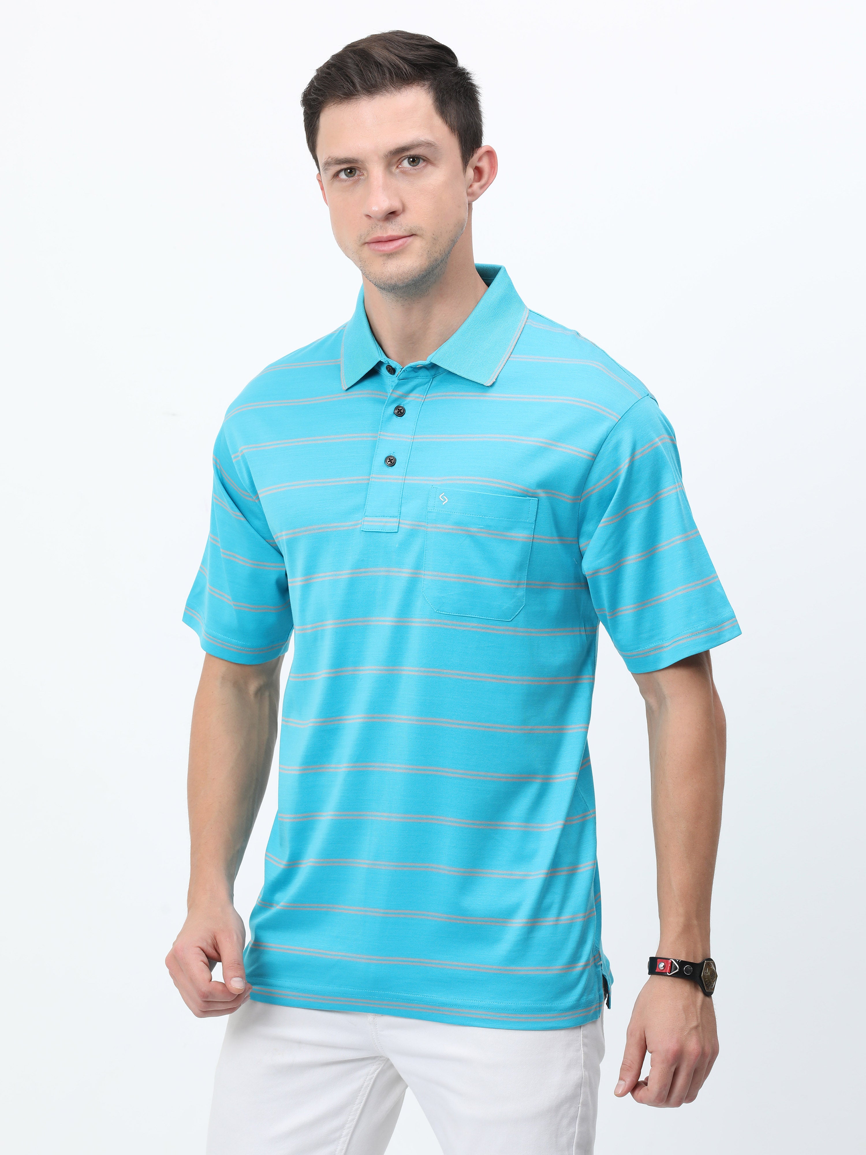 Classic Polo Mens Cotton Half Sleeves Striped Authentic Fit Polo Neck Aqua Blue Color T-Shirt | Ultimo - 326 B Af P