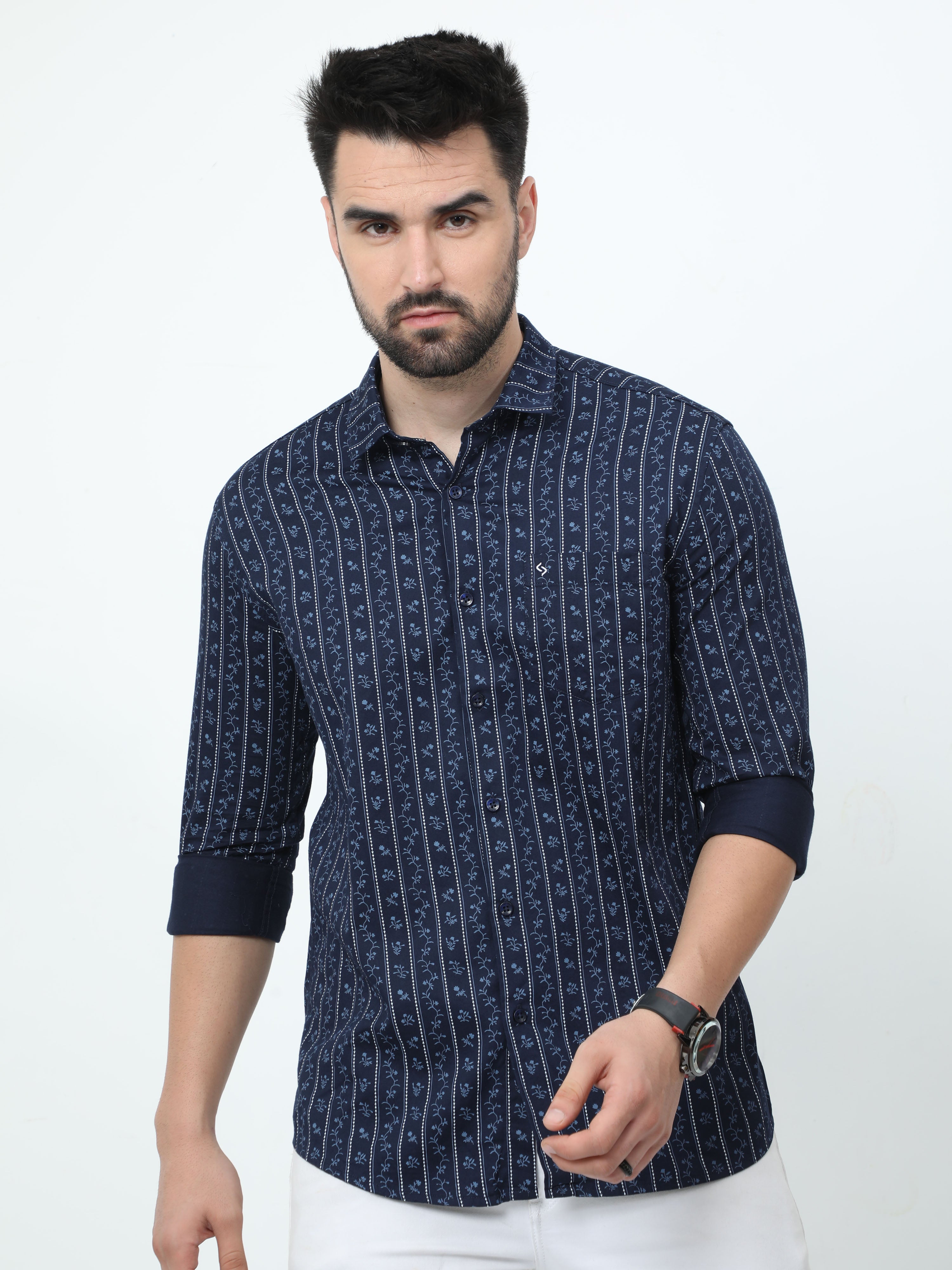 Classic Polo Mens Pure Cotton Full Sleeves Floral Slim Fit Polo Neck Dark Navy Color Woven Shirt | So2-167 B-Fs-Prt-Sf