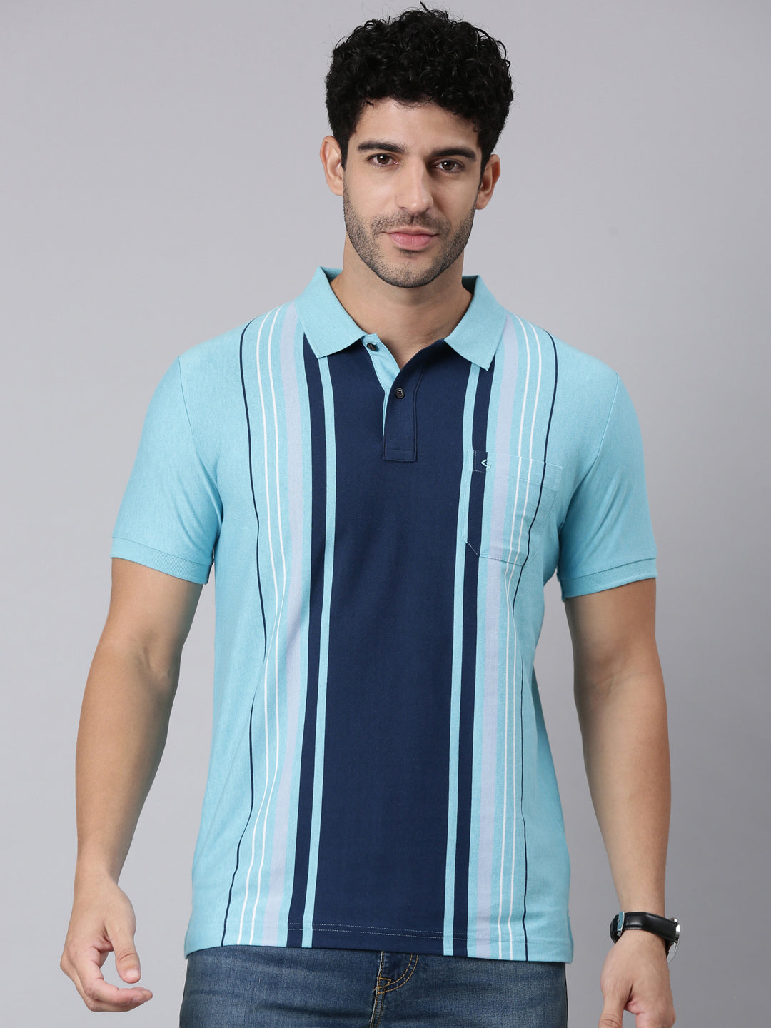 Classic Polo Men's Half Sleeve Turquoise/Navy Blue Polo Neck Slim Fit Striped Cotton Blend T-Shirt | VERTICS - 124 B SF P