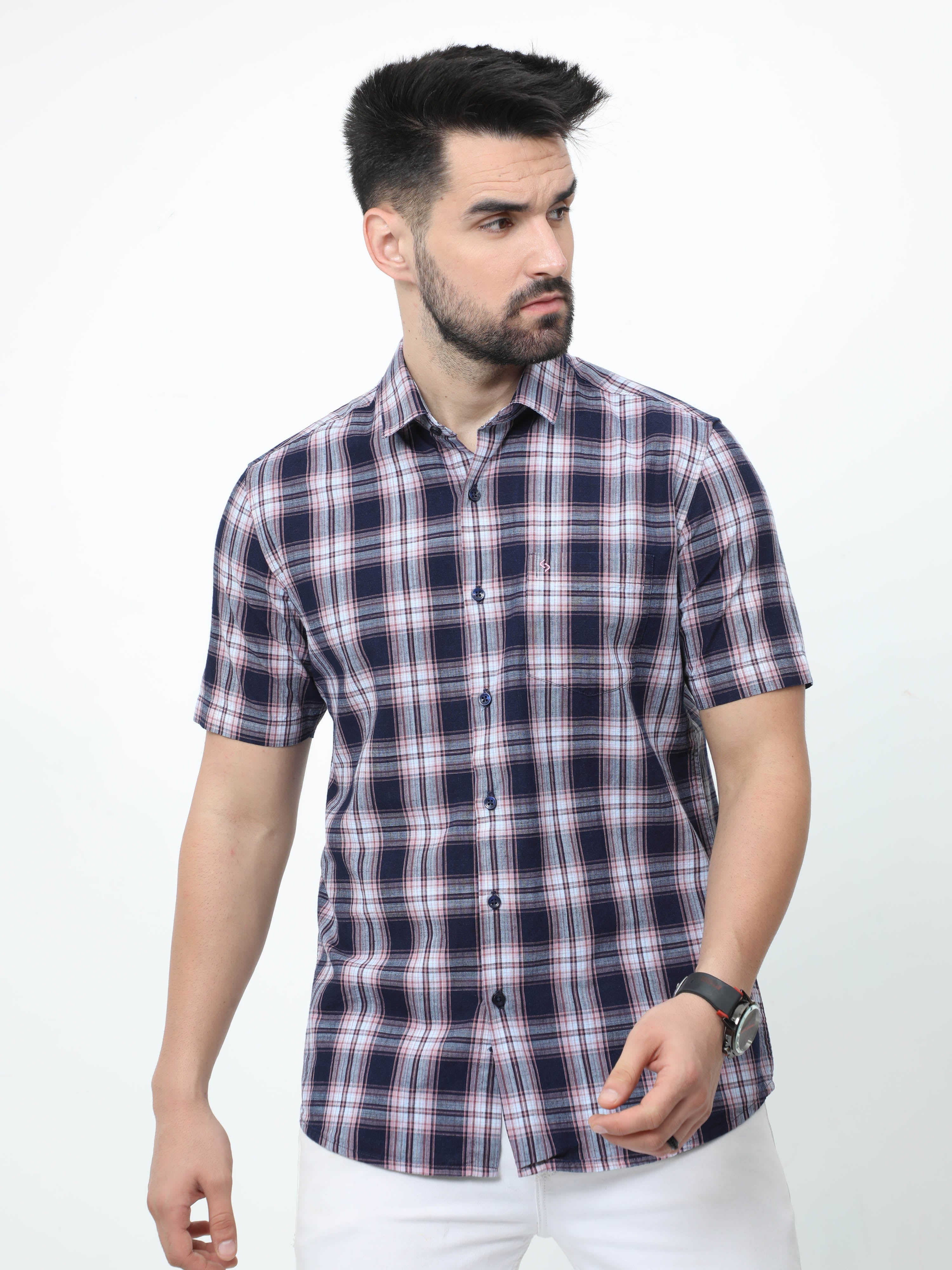 Classic Polo Mens Pure Cotton Half Sleeves Checked Slim Fit Polo Neck Black Color Woven Shirt | So2-174 A-Hs-Chk-Sf