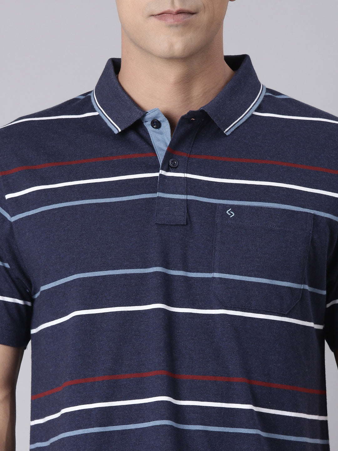 Classic Polo Men's Half Sleeve Navy Blue Polo Neck Authentic Fit Striped Cotton T-Shirt | LTS-STR - 85 B AF P