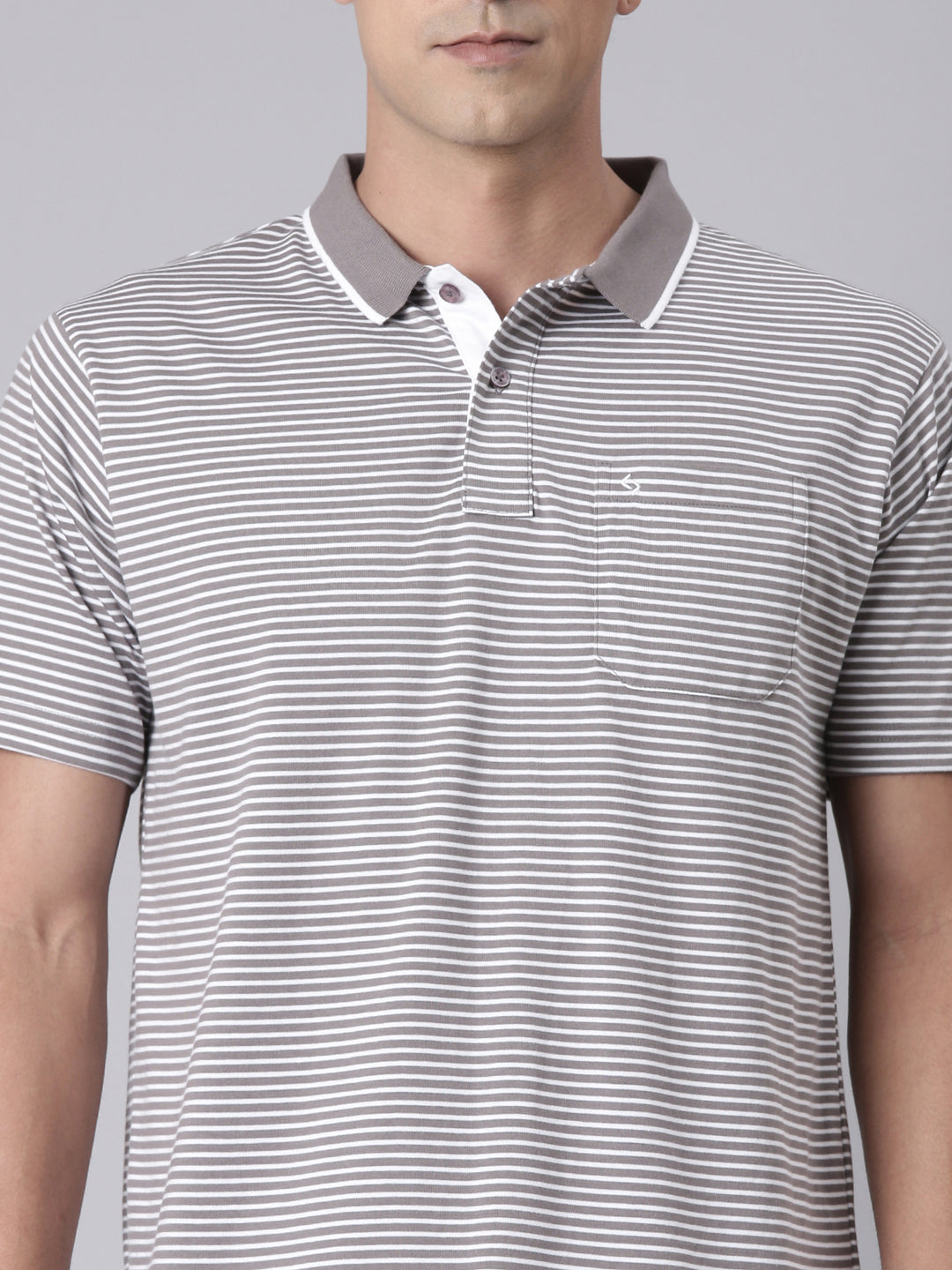 Classic Polo Men's Half Sleeve Grey/White Polo Neck Authentic Fit Striped Cotton T-Shirt | FEEDERS - 296 A AF P