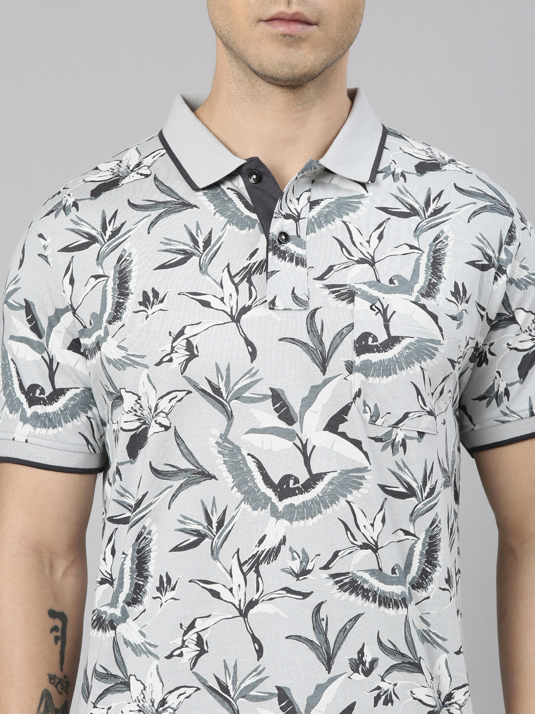 Classic Polo Men's Half Sleeve Grey Polo Neck Slim Fit All-Over Print Cotton T-Shirt | BELLO - 360 A SF P