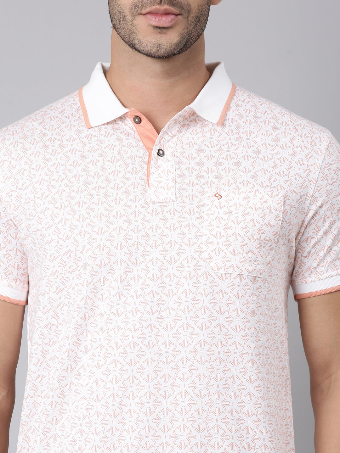 Classic Polo Men's Half Sleeve White/Orange Polo Neck Slim Fit All-Over Print Cotton T-Shirt | BELLO - 393 B SF P
