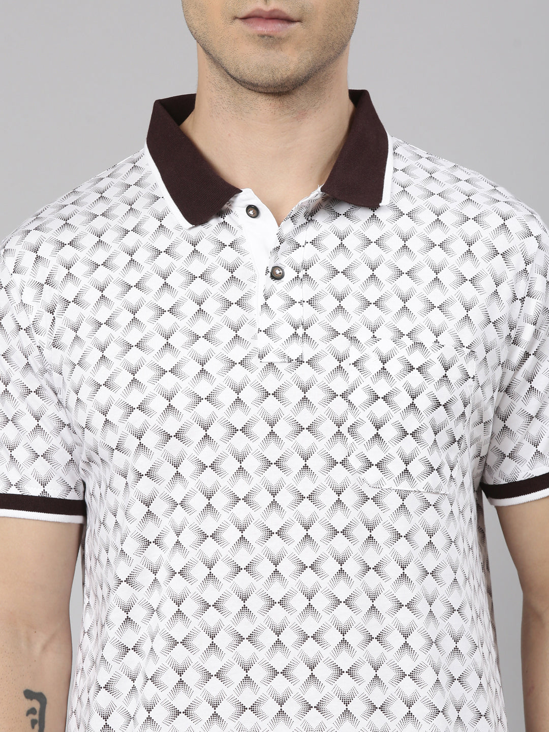 Classic Polo Men's Half Sleeve White/Dark Brown Polo Neck Slim Fit All-Over Print Cotton T-Shirt | BELLO - 351 B SF P
